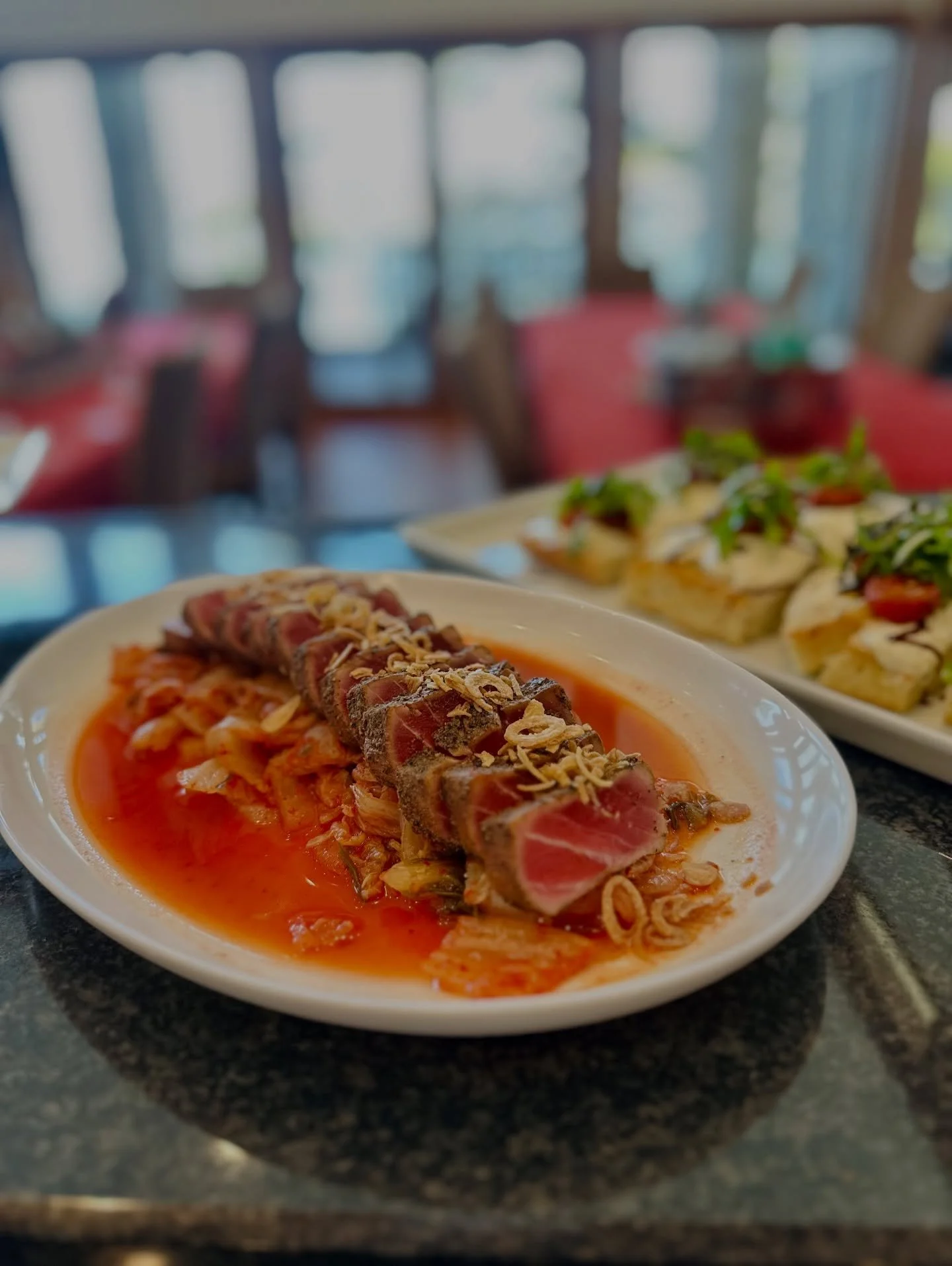 Effortless hosting starts here. ☝️
Make your selection from a tasty variety of appetizers tailored for private parties and special moments. 

Pictured here are just a few of your options:

1. Ahi Tuna with Kimchi &amp; Fried Scallions
2. Whipped Feta