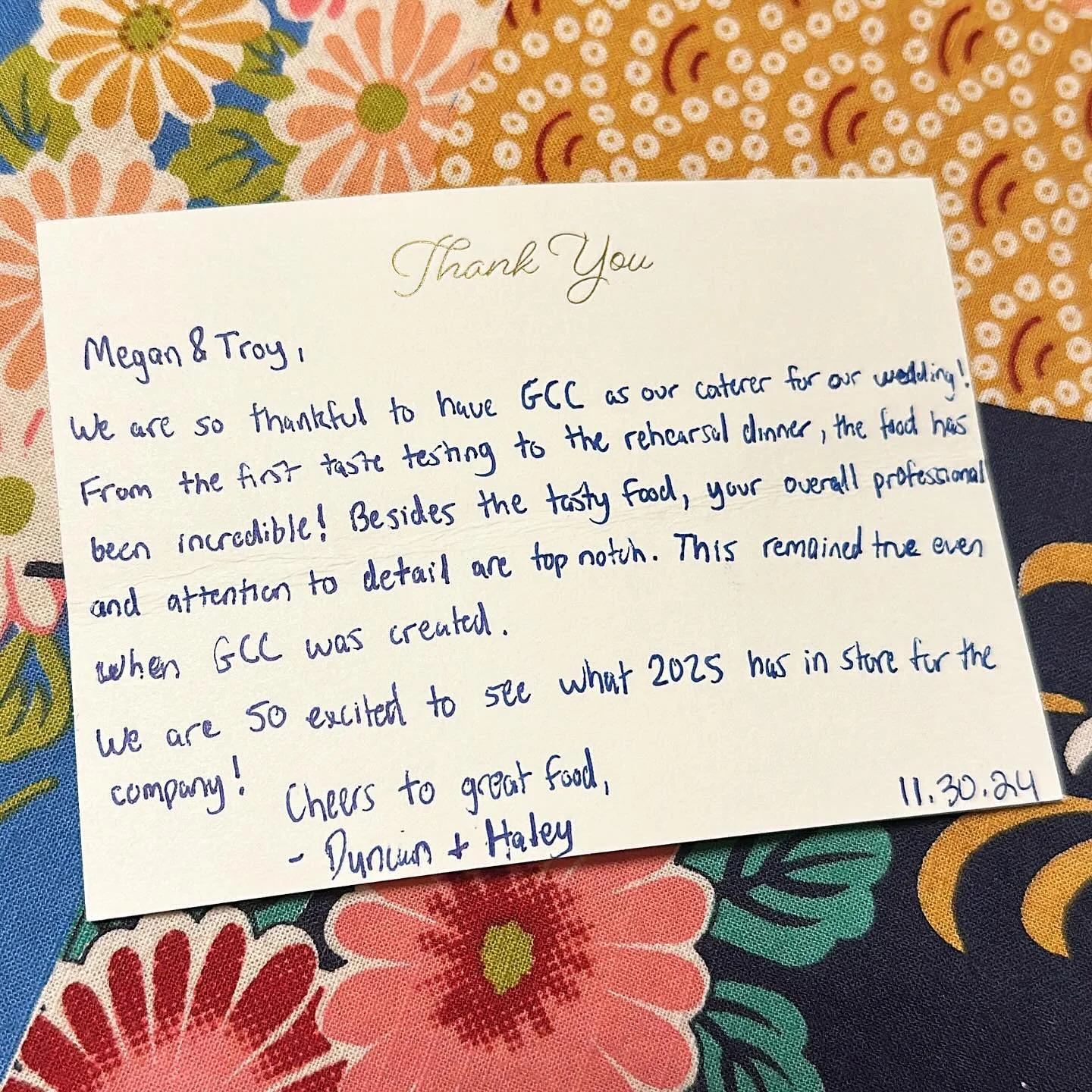 Posted with permission from Haley and Duncan, two of the loveliest humans we&rsquo;ve had the pleasure of catering for. We can&rsquo;t believe they took the time to write this sweet card on their wedding day! 

It&rsquo;s always an honor for us to pl