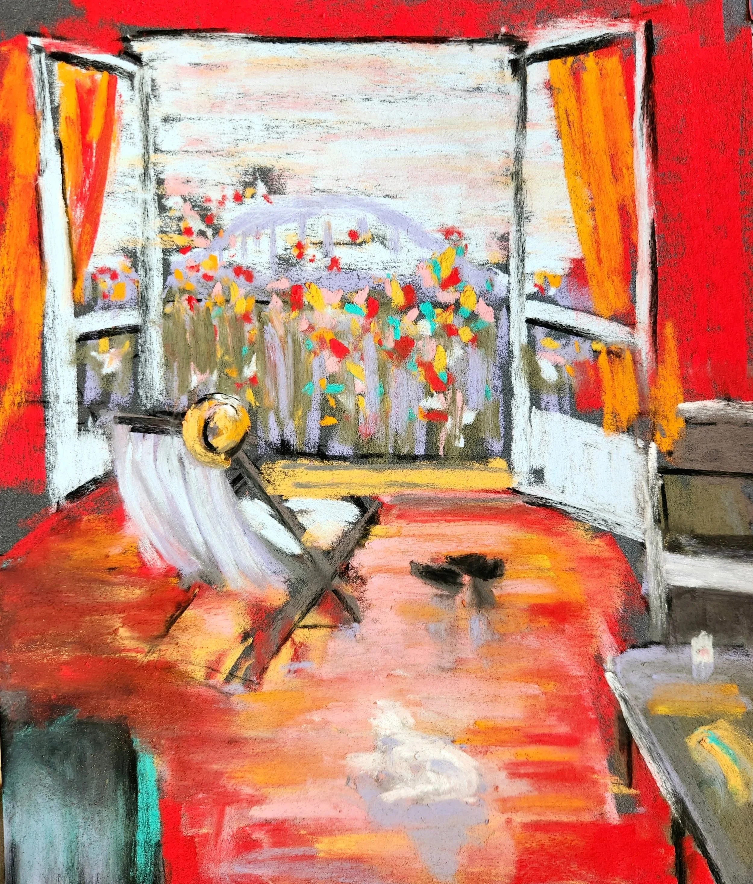 Abstract painting of an open window with yellow curtains, a table with a red tablecloth, a straw hat on a chair, and a landscape view with a car and flowers outside.