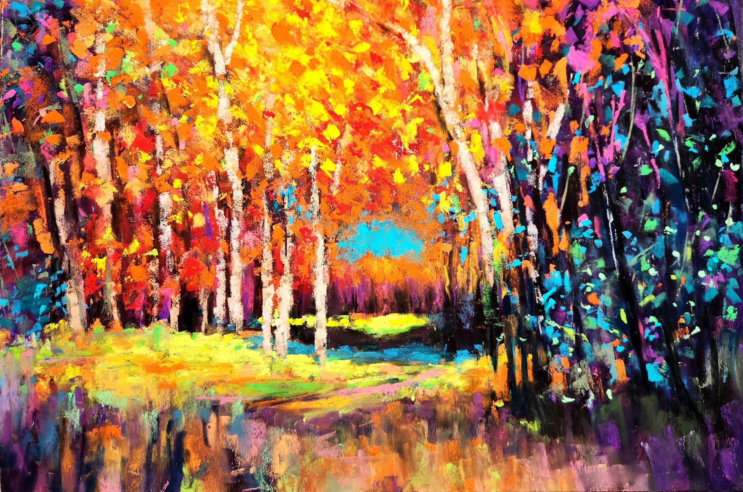 Colorful impressionist painting of a forest with vibrant orange, yellow, purple, blue, and pink foliage and a small water body reflecting the colors.