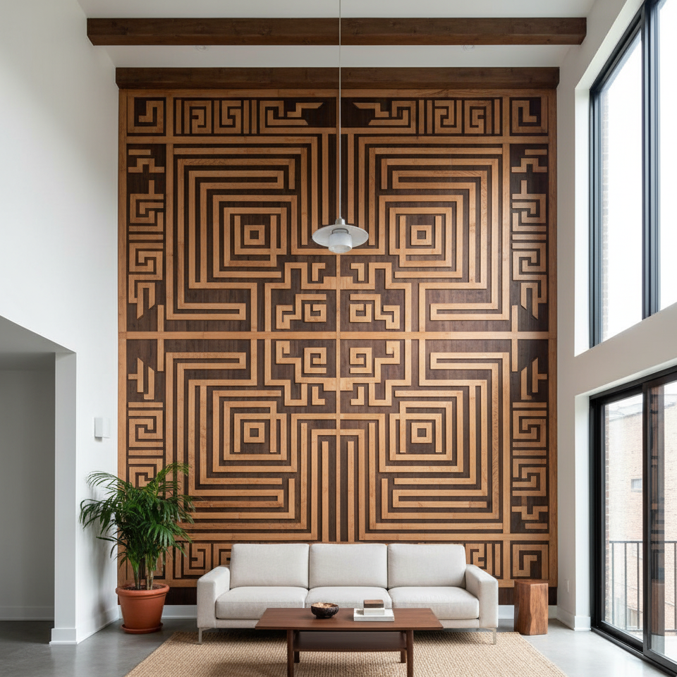 Abstract Lines: Intricate Artwork Behind Couch