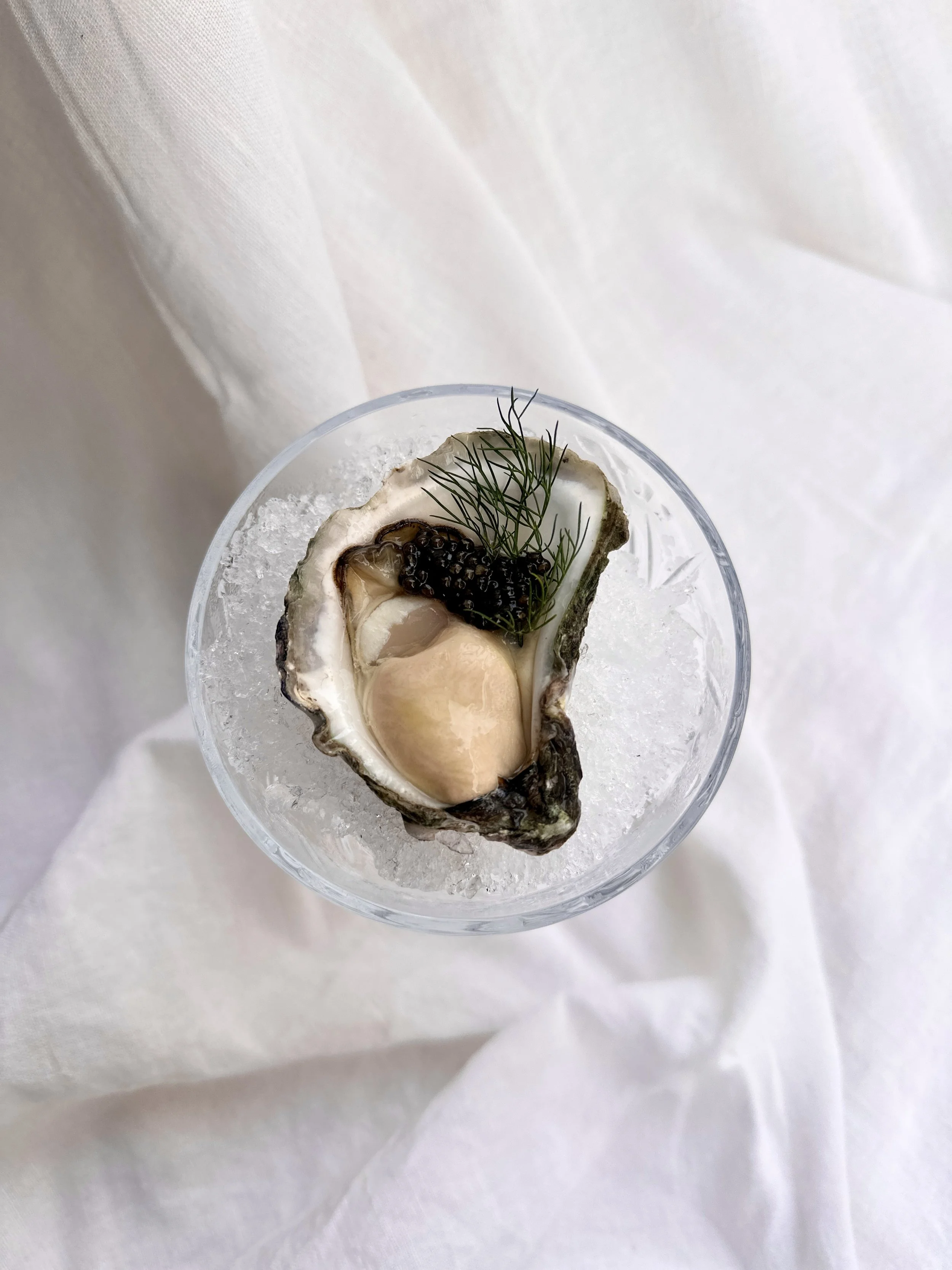 Single oyster on ice with black caviar and dill - Oyster event catering Shuck Yeah