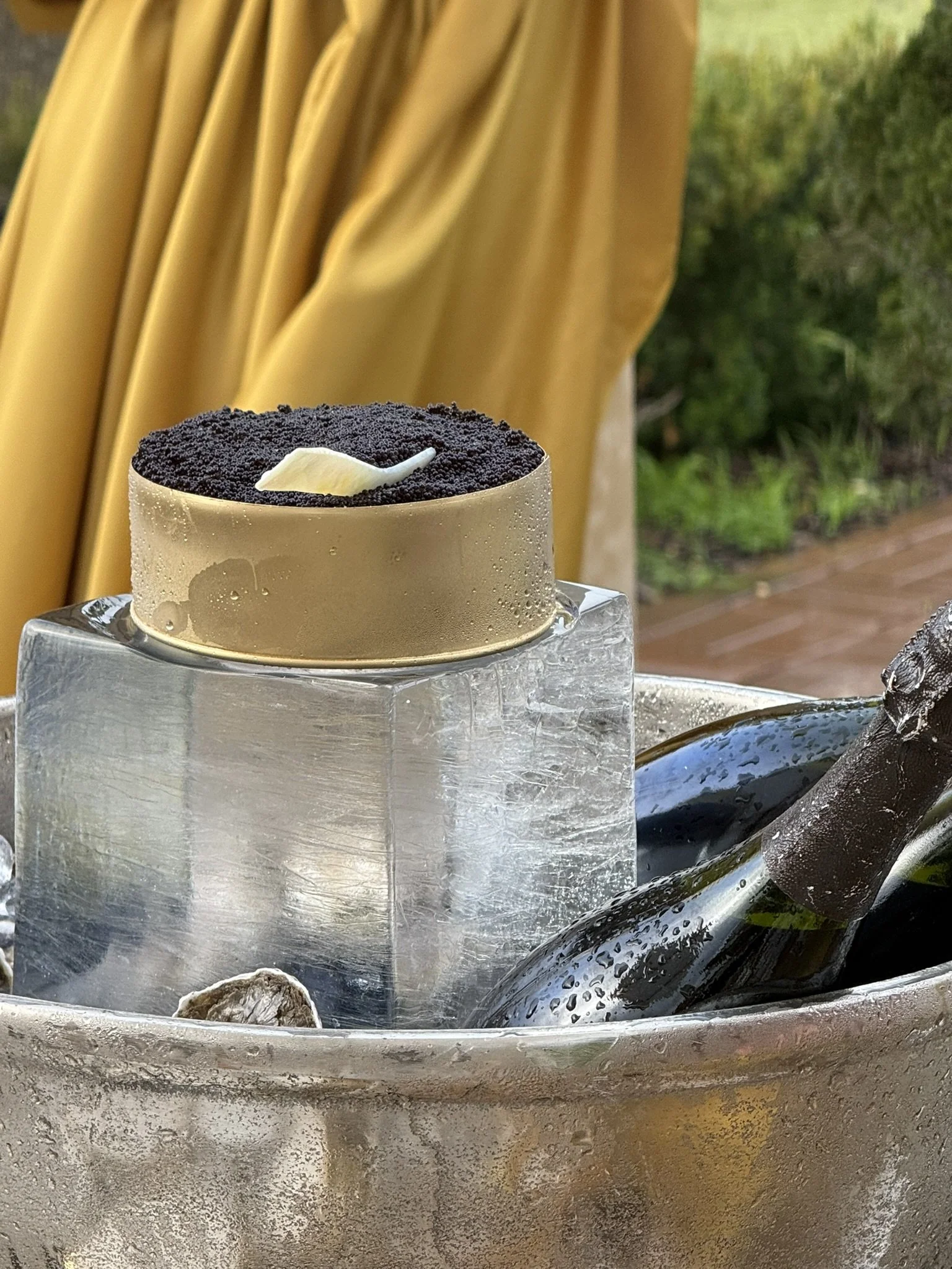 Large clear ice block with a large gold caviar tin with black caviar sitting on top with champagne surrounding it. The background features a yellow curtain and an outdoor garden scene.