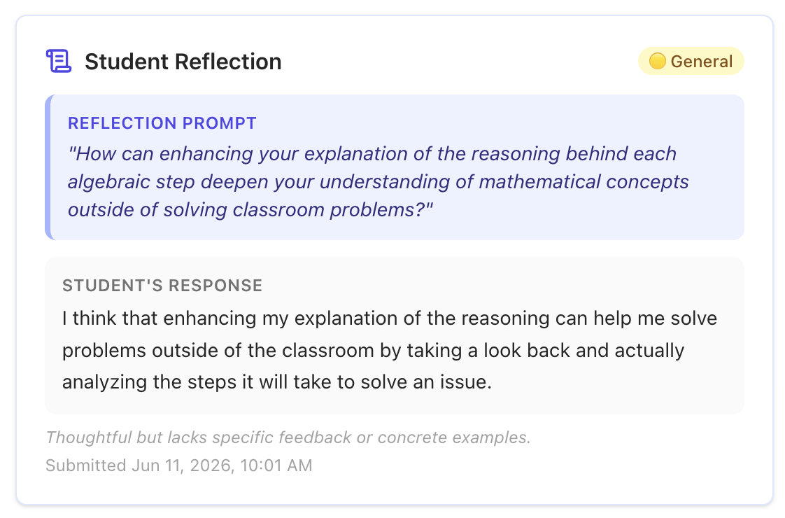 Screenshot of a student reflection on a learning platform, discussing how explaining reasoning improves understanding of mathematical concepts outside classroom problem solving.
