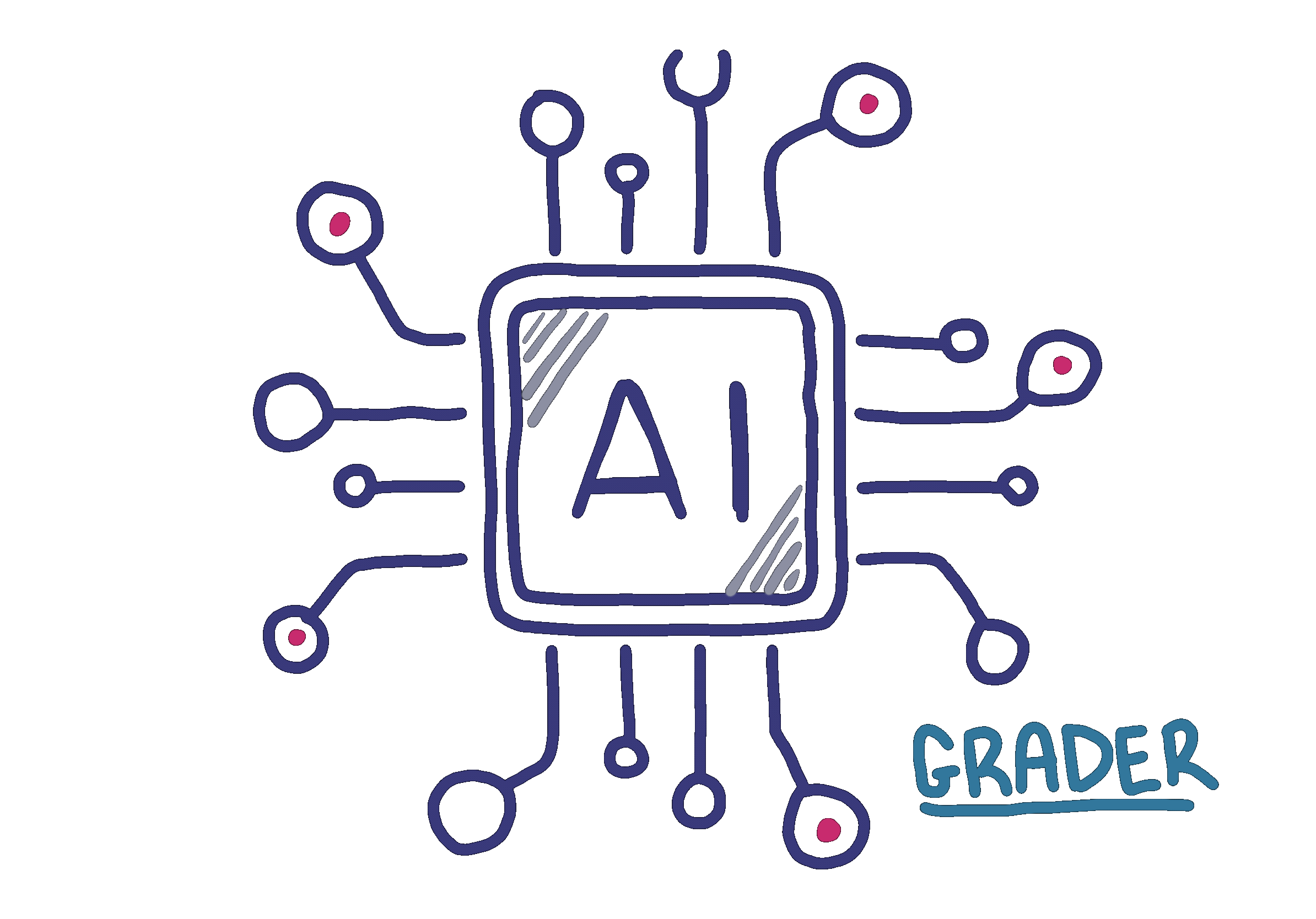 Illustration of a microchip with "AI" text and connected nodes labeled "Grader."