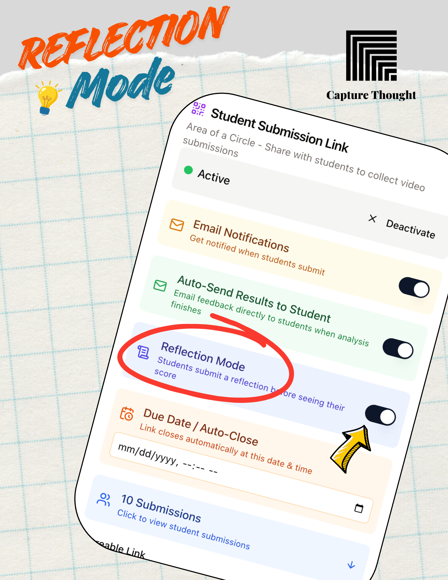 Close-up of a digital student portal interface showing options for reflection mode, email notifications, auto-send results, and due date settings, with a background of graph paper.