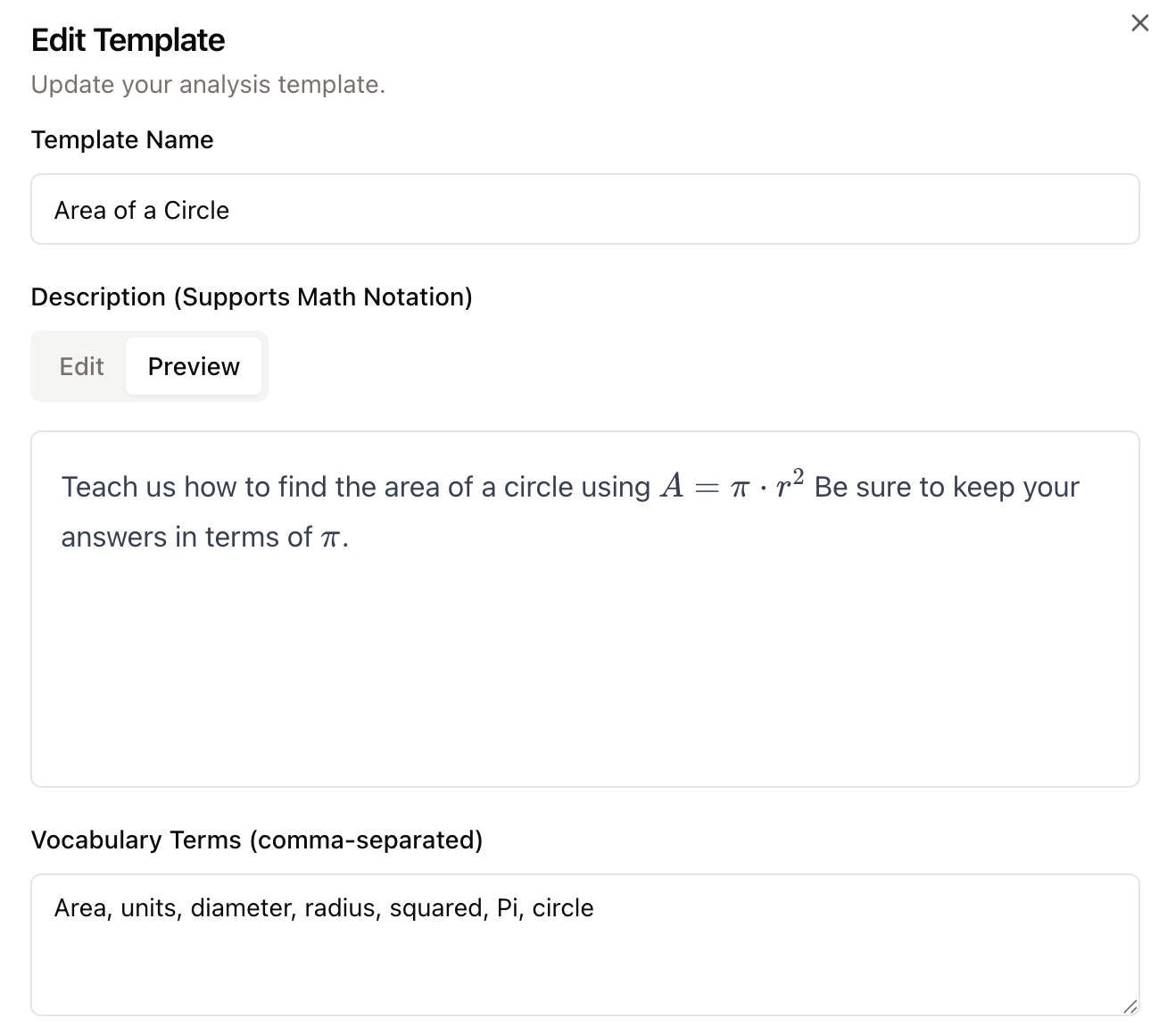 Screenshot of an online math tutorial about calculating the area of a circle, with text and formulas.
