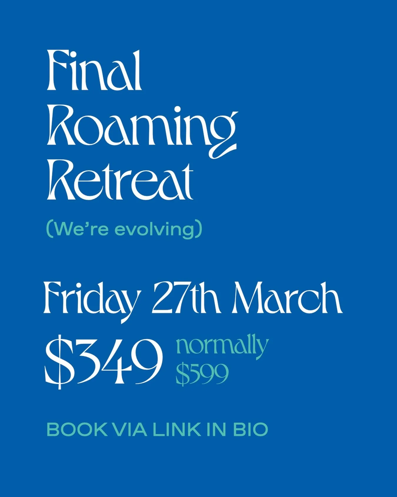 Friday 27th March, we&rsquo;re running one final Roaming Retreat. Before we evolve. Only $349 (normally $599)
Book via our link in bio.