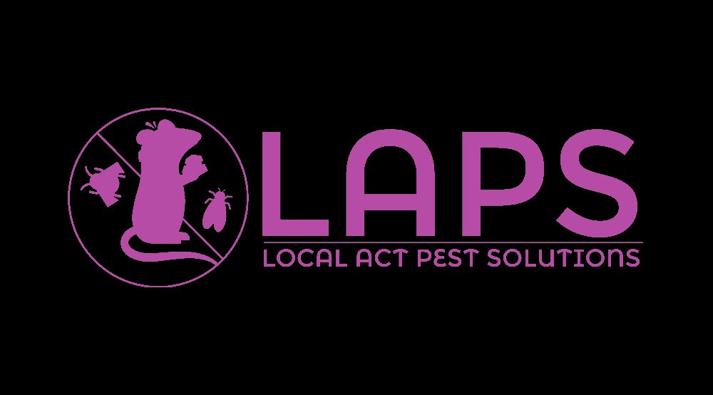 Logo for LAPS, Local Act Pest Solutions, featuring a white silhouette of a mouse and pest bugs inside a circle, on a black background.