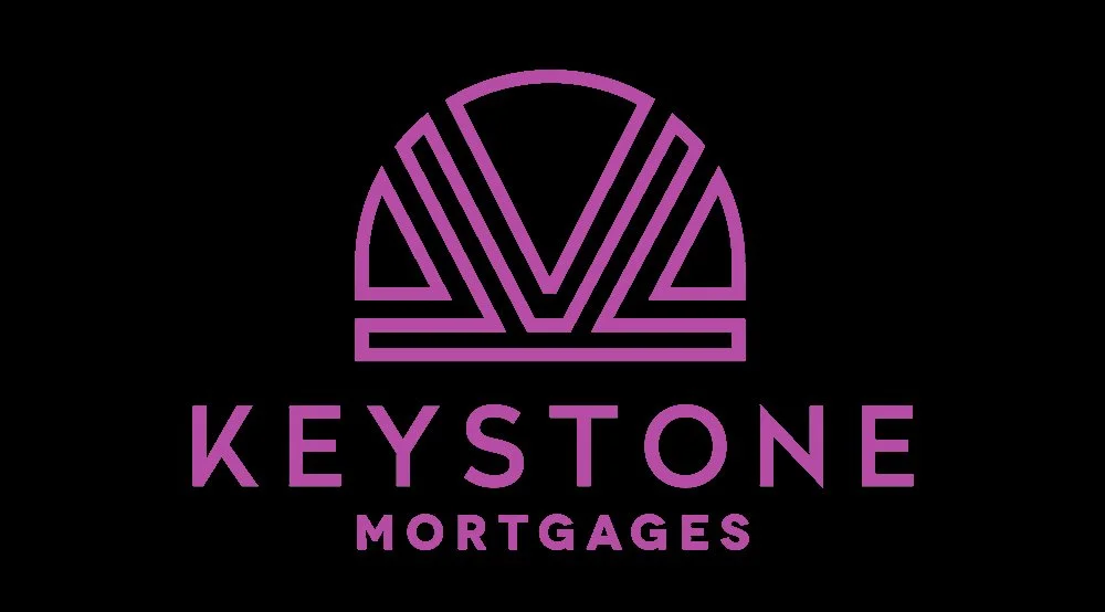 Black background with a white logo featuring a stylized letter 'V' inside a semi-circular shape, above the text 'KEYSTONE MORTGAGES' in white.