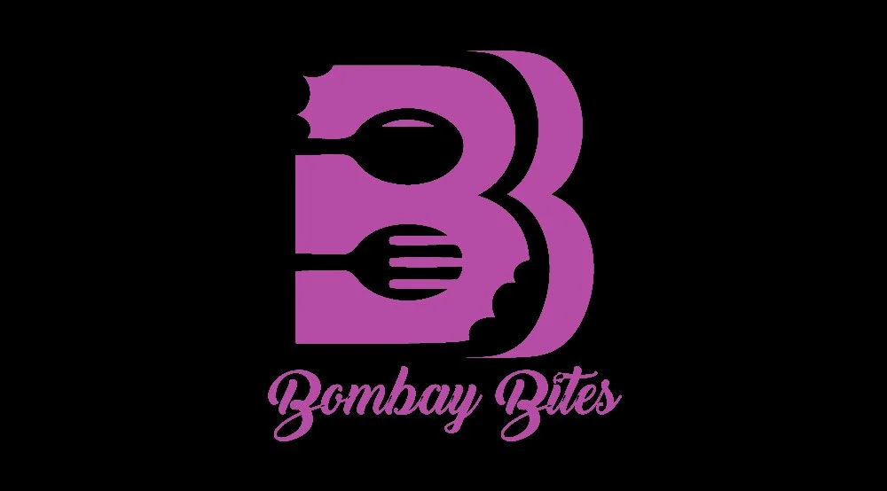 The logo features a stylized white letter 'B' with silhouettes of a spoon, fork, and knife inside it, and the text 'Bombay Bites' written below in cursive font.