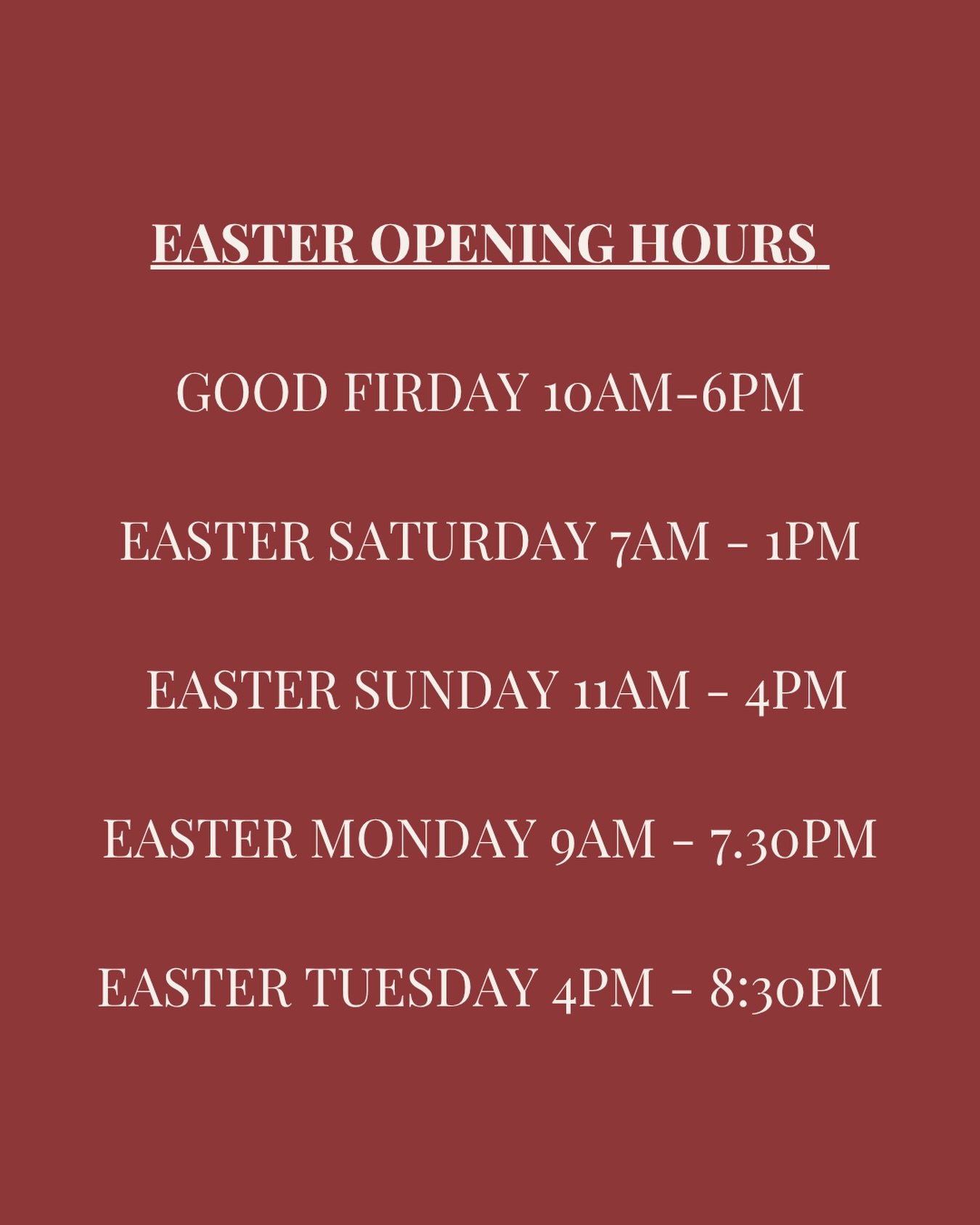 Basically we haven&rsquo;t changed our hours we are open all weekend long! 🤣🙌

🐰🐣🌸🌷