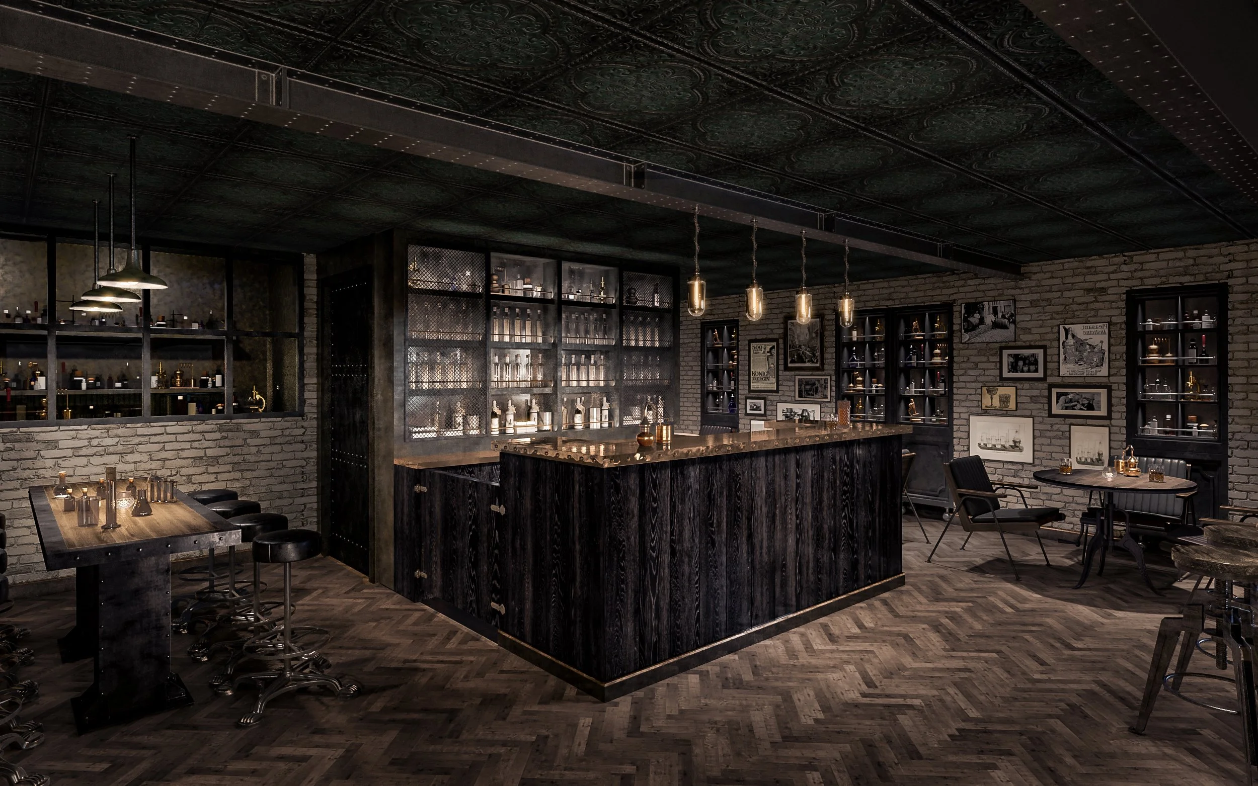 Interior of a stylish bar with dark wood, vintage decor, and dim lighting.