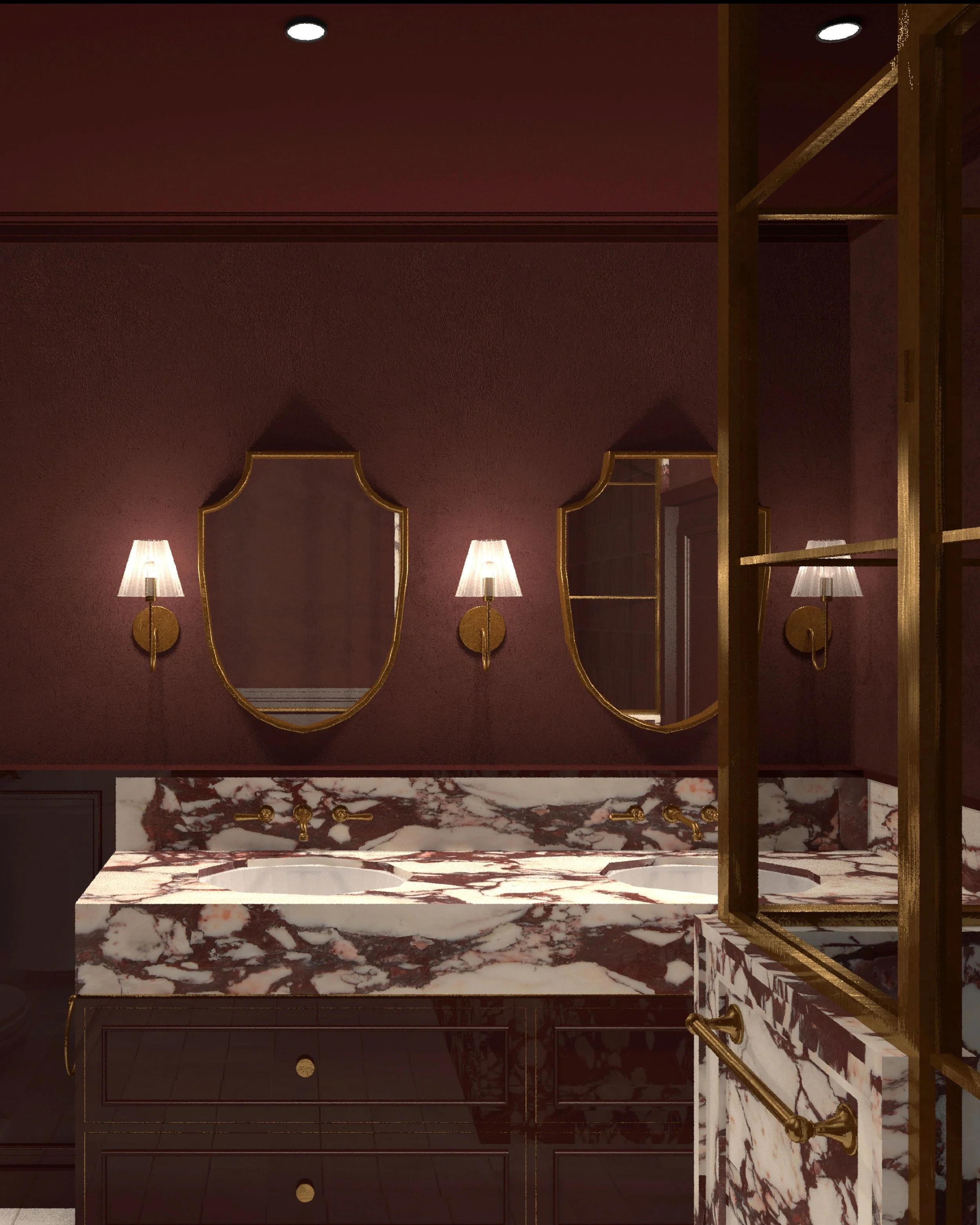 Elegant bathroom with two oval mirrors, wall-mounted lamps, a marble countertop with double sinks, and a gold-framed glass shower partition.