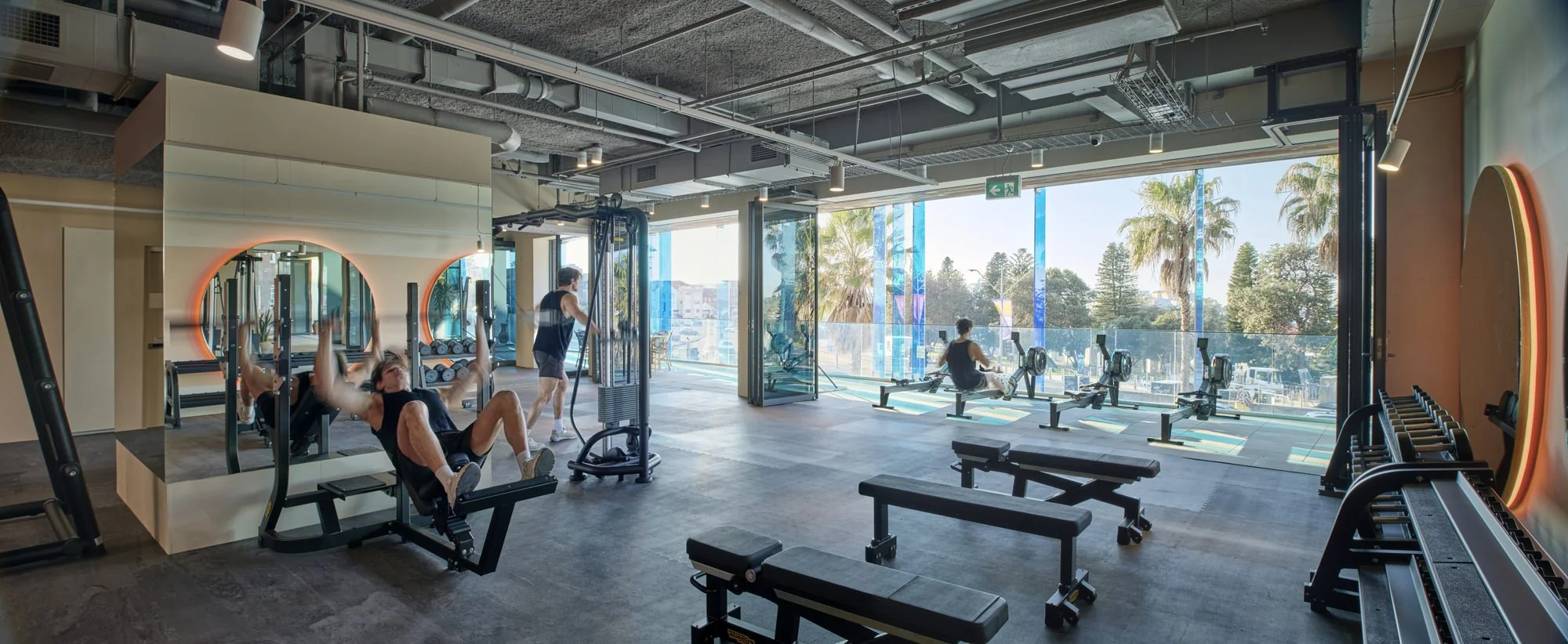 Interior of a modern gym with people exercising on rowing machines and a leg press, large windows showing palm trees outside, mirrors, and gym equipment.