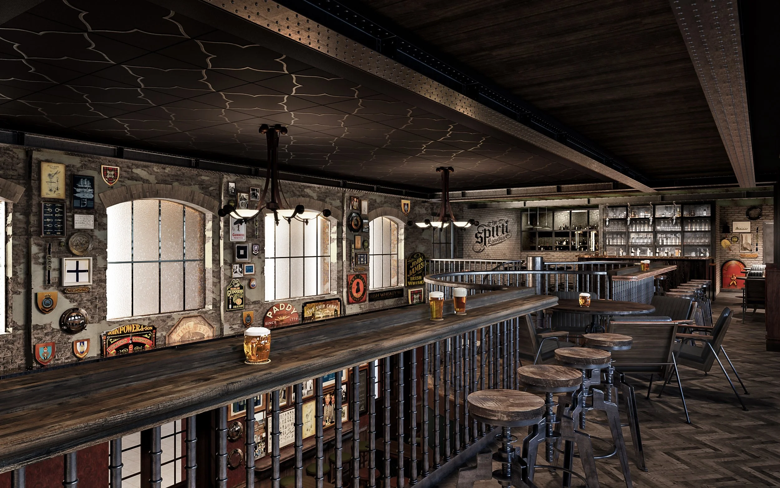 Interior of a cozy pub with wooden bar counter, metal bar stools, framed signs and memorabilia on brick walls, and hanging chandeliers, with windows letting in natural light.