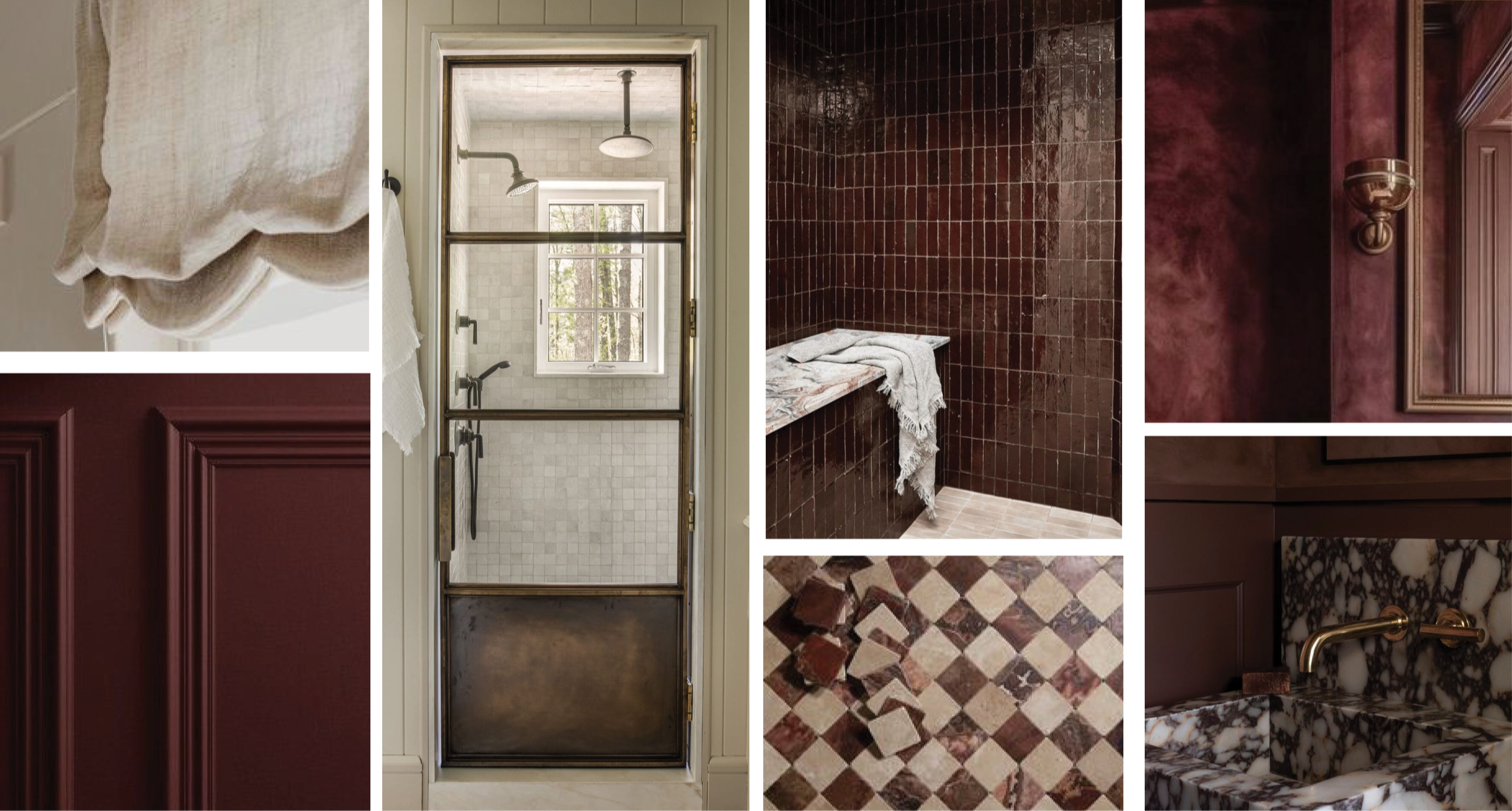 Collage of various bathroom and interior design elements including close-ups of textured fabrics, tiles, a shower with multiple shower heads, a mirror with a brass wall sconce, and marble vanity with brass faucet.