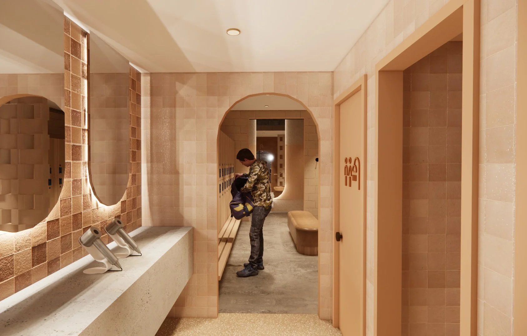 A person in camouflage clothing is standing in a modern, beige-tiled restroom or locker room, putting belongings into or taking them out of a backpack, with lockers and benches visible around.