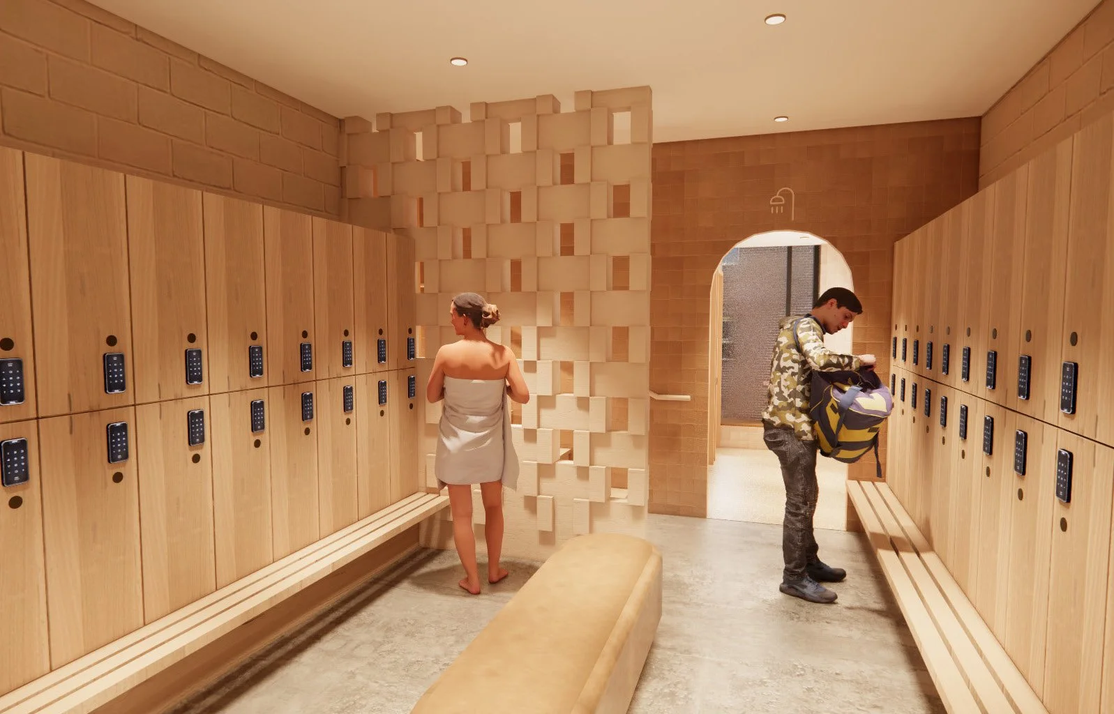 Two people standing by wooden lockers in a spa or locker room, one woman with a towel on her back, one man with a backpack, with a decorative wooden wall in the background.