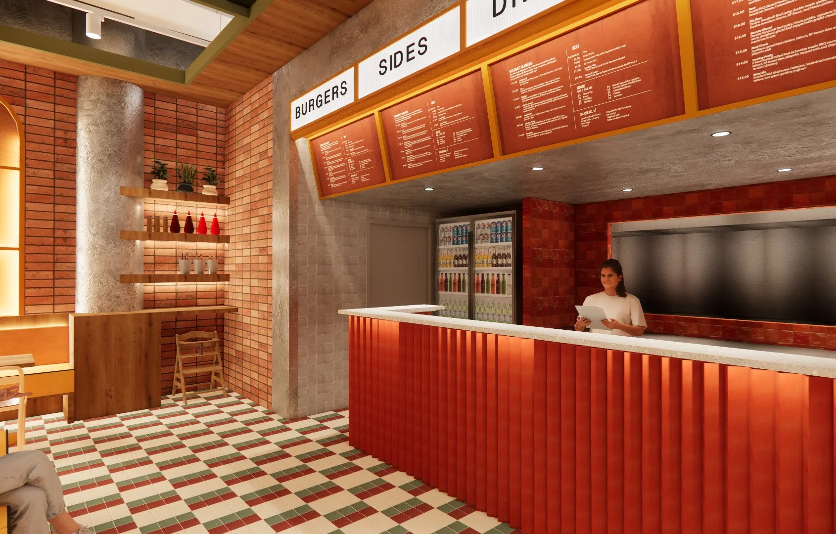 Inside of a restaurant with a brick wall, red and white checkered floor, and a red curved counter. A woman stands behind the counter holding a menu, next to a Coca-Cola fridge.