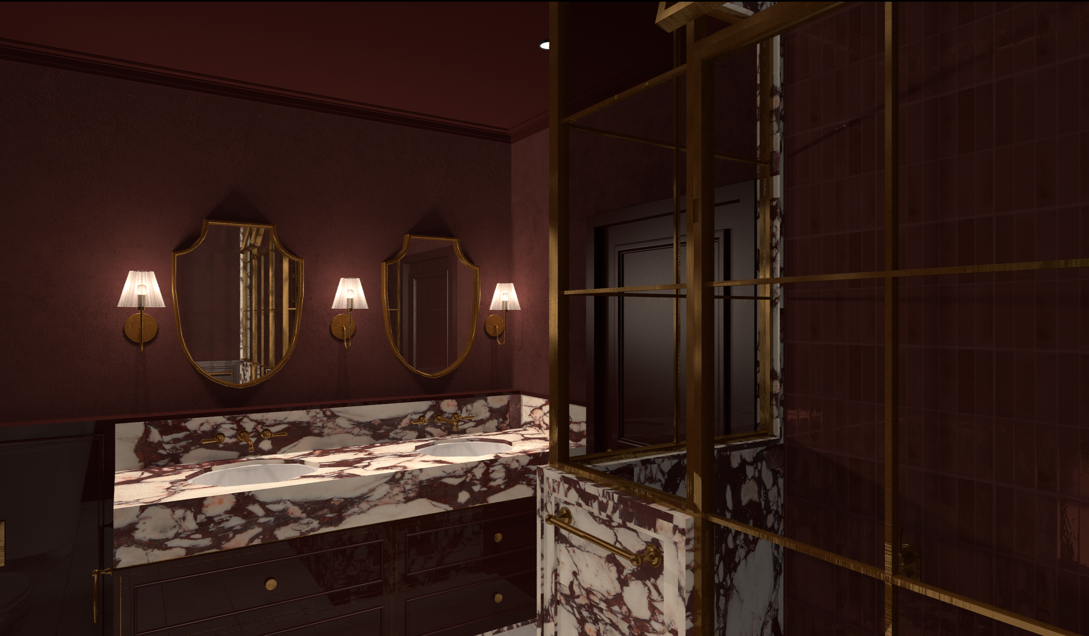 Luxurious bathroom with marble countertop, double sink, two ornate gold-framed mirrors, wall sconces, and gold accents.