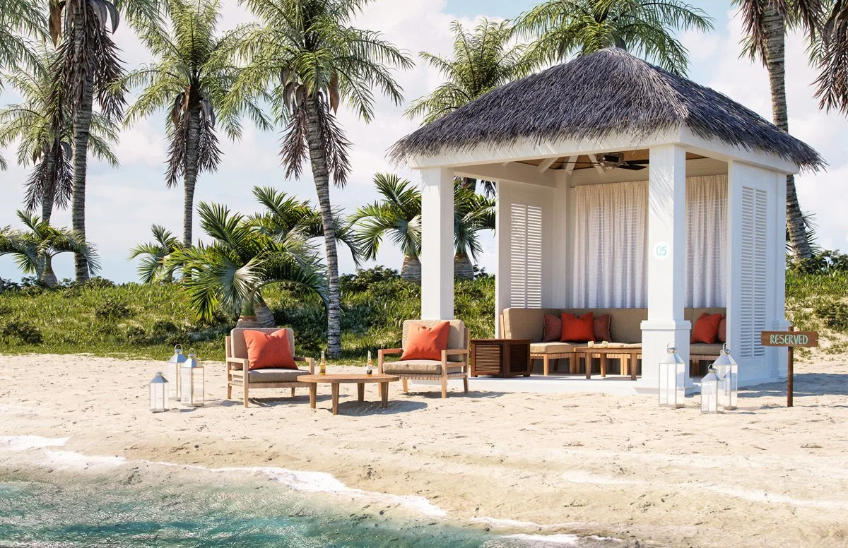 Beachside cabana with seating area and palm trees in the background