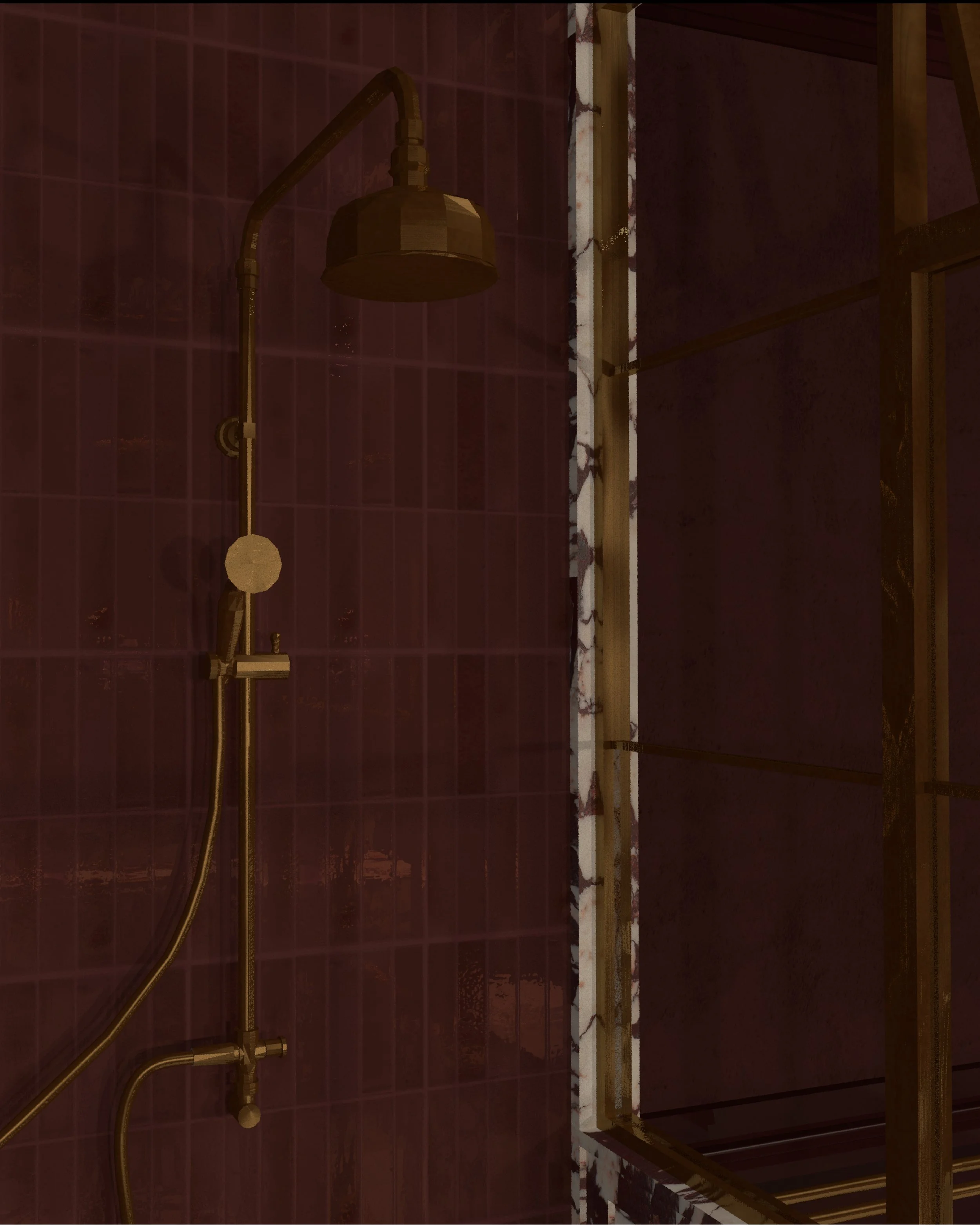 Close-up view of a brass shower head and fixture mounted on a red tiled bathroom wall with a marble border.