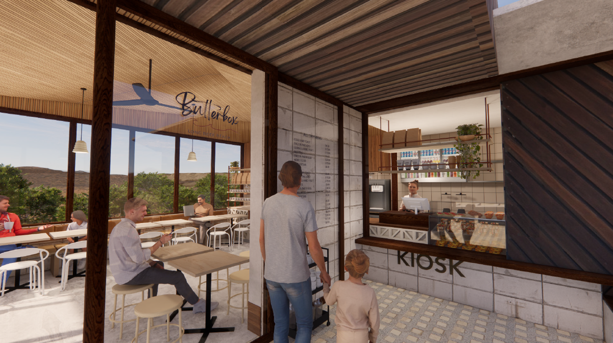 Interior of a modern cafe and kiosk, with customers sitting at tables inside and outside, a man and a girl walking toward the counter, and a barista preparing drinks behind the counter.