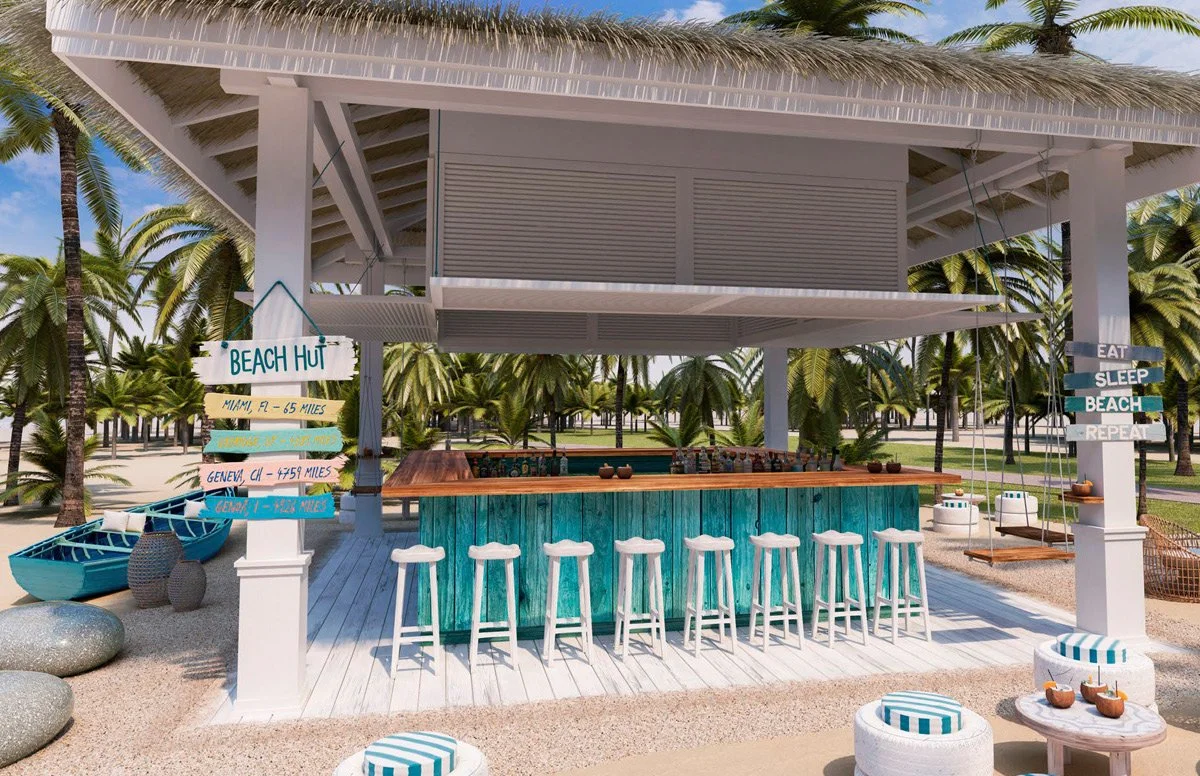 A beachside bar with a wooden counter, white bar stools, surrounded by palm trees, outdoor seating and signage with travel distances to Miami, Geneva, and other locations.