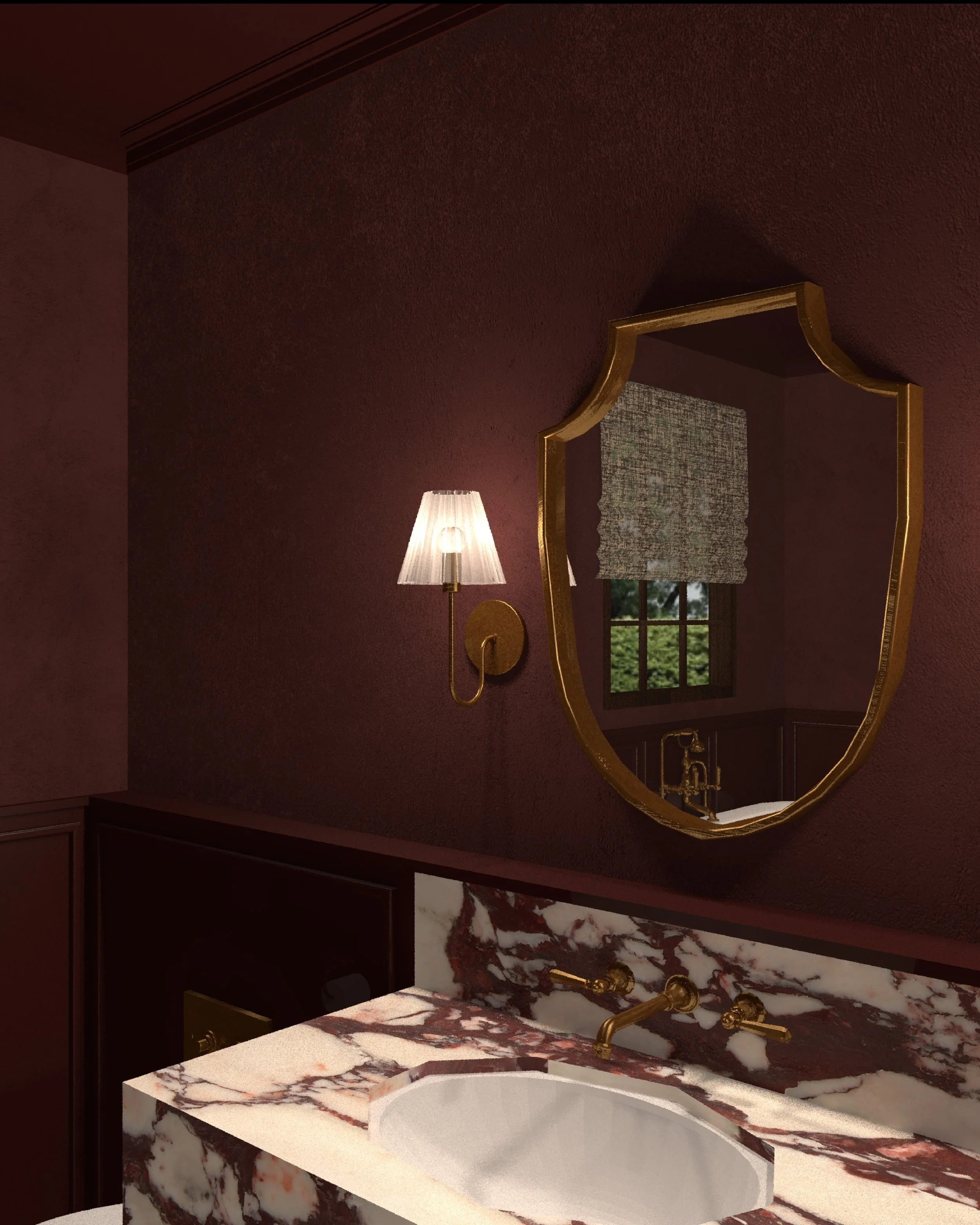 A bathroom with burgundy walls, a marble countertop with gold fixtures, a decorative gold-framed mirror, a wall-mounted lamp, and a window with a Roman shade.