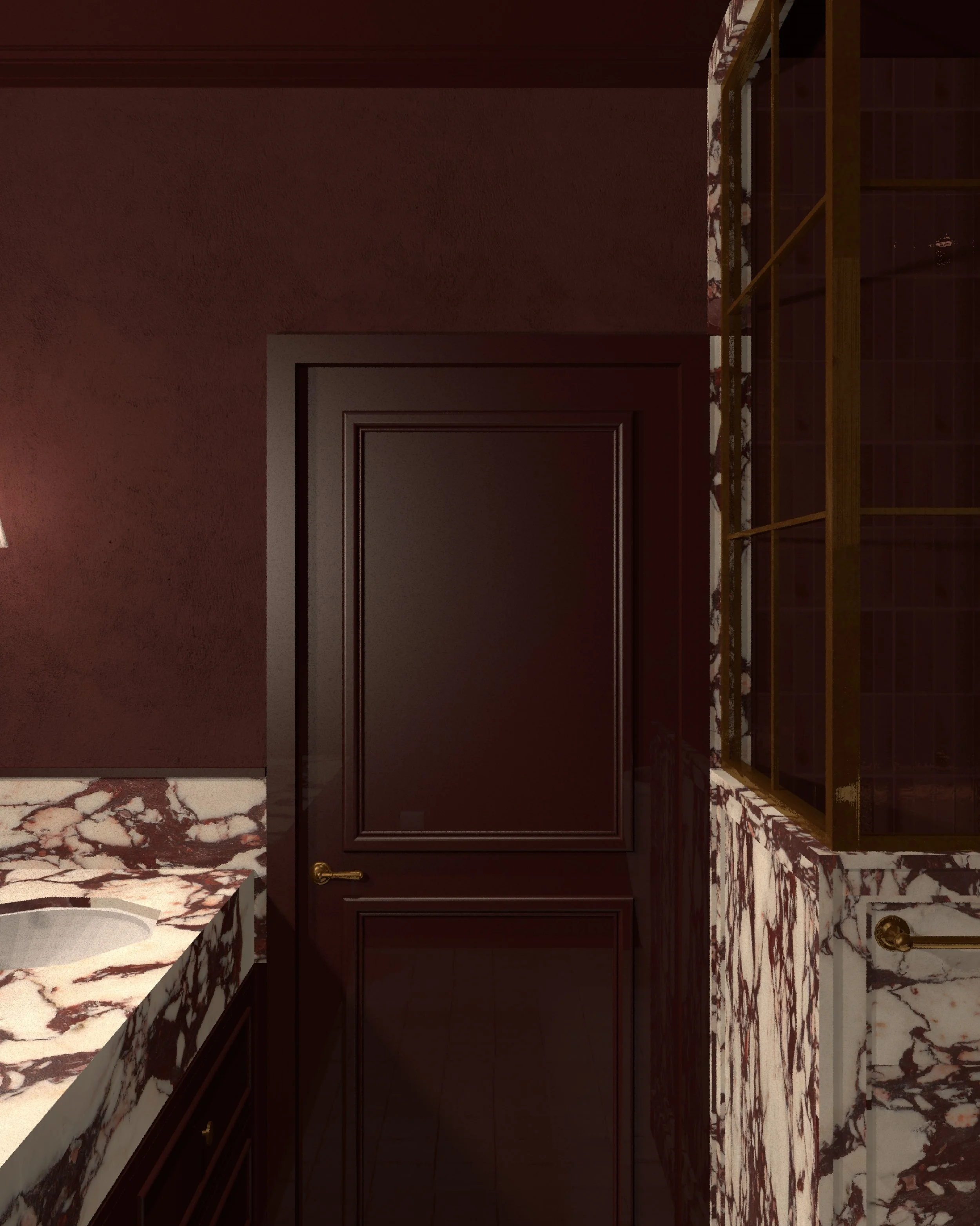 View of a bathroom with a dark wooden door, marble countertops with a red and white pattern, and a marble-tiled wall with gold accents.