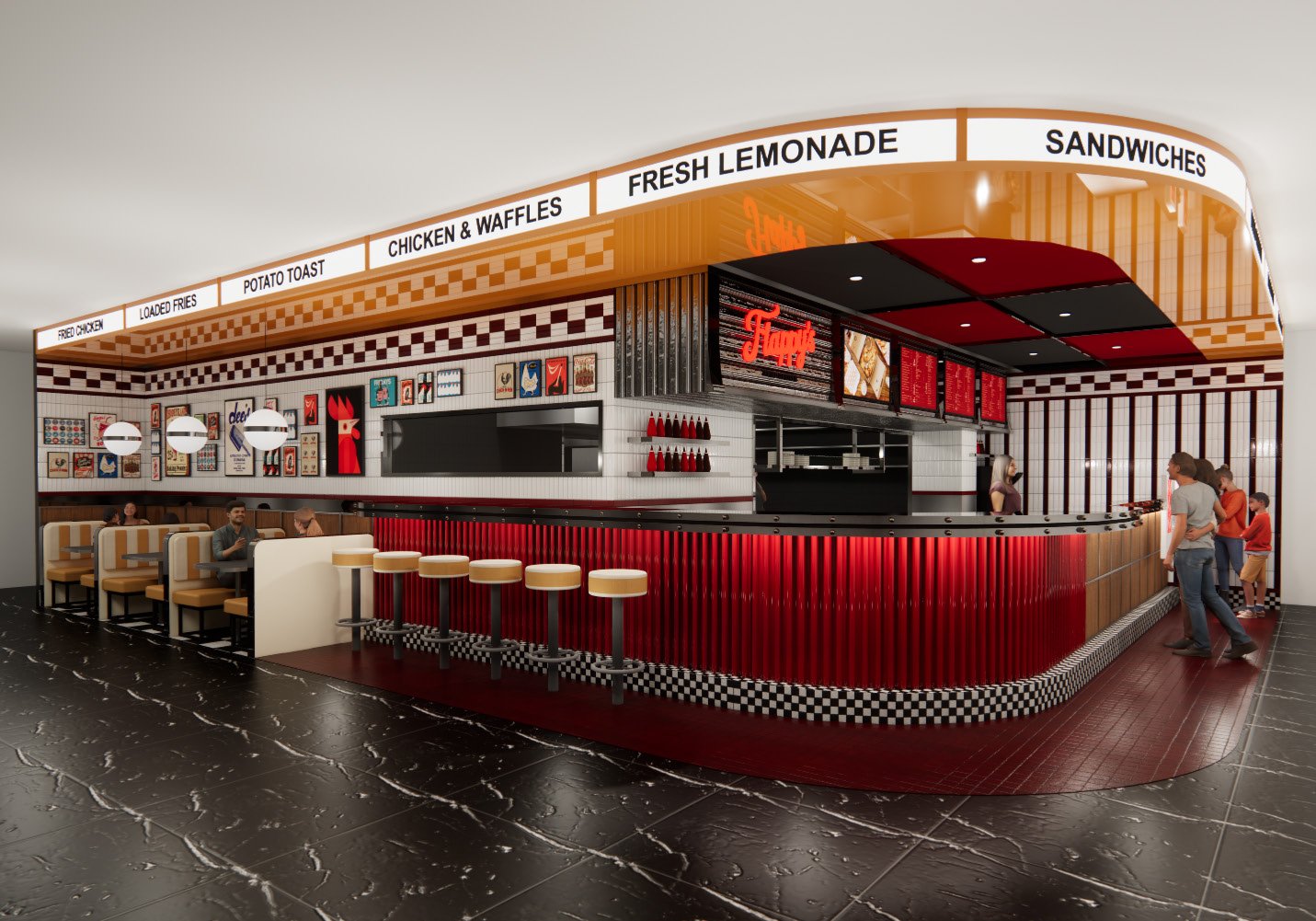 Interior of a fast-food restaurant with a red and black color scheme, counter with stools, customers, and menu boards.