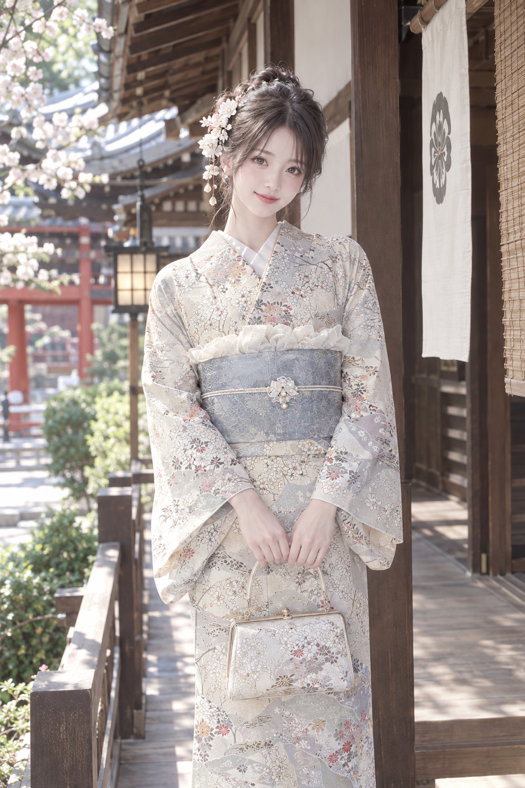 A young woman in a traditional kimono stands outdoors with her eyes closed and hands together in prayer or meditation.