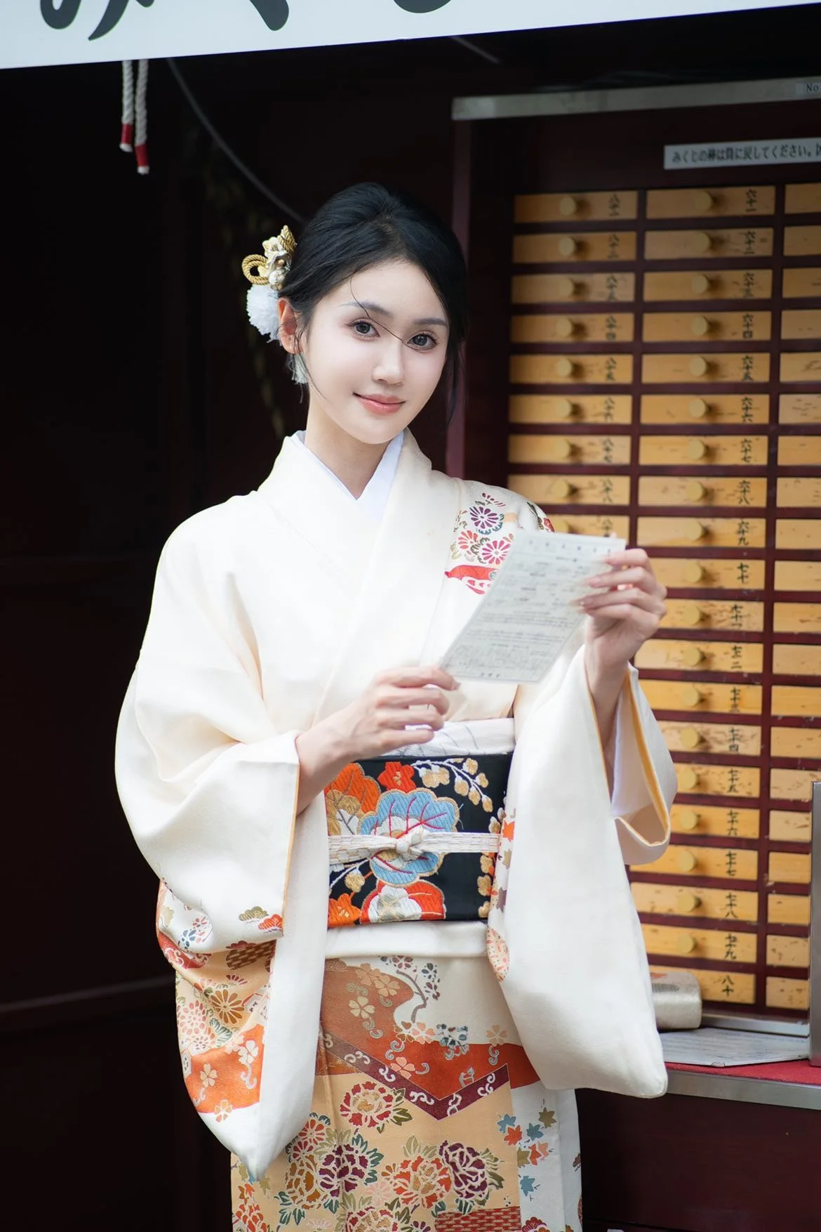 A woman wearing a traditional Japanese kimono standing in front of an omikuji fortune-telling stand, holding a paper slip and smiling.