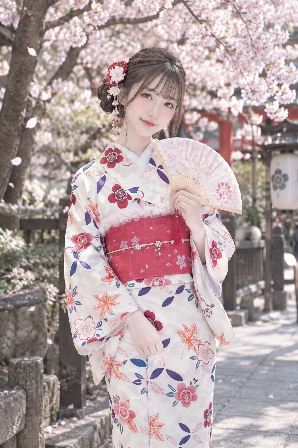 Young woman in traditional Japanese kimono taking a selfie in a mirror, decorated with balloons and hanging lights.