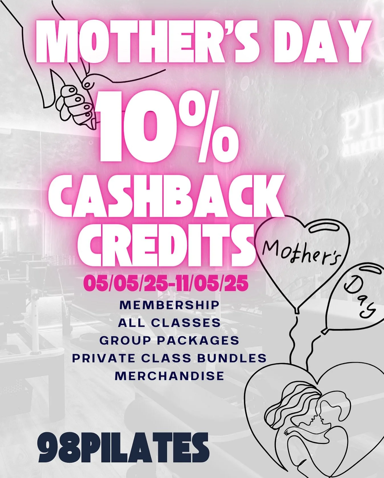 Celebrate Mum with Movement!
Treat yourself or your loved ones this Mother&rsquo;s Day with 10% cashback credits on everything &ndash; memberships, group packages, private sessions, and merch!
Only from 05/05&ndash;11/05. Don&rsquo;t miss out &ndash;