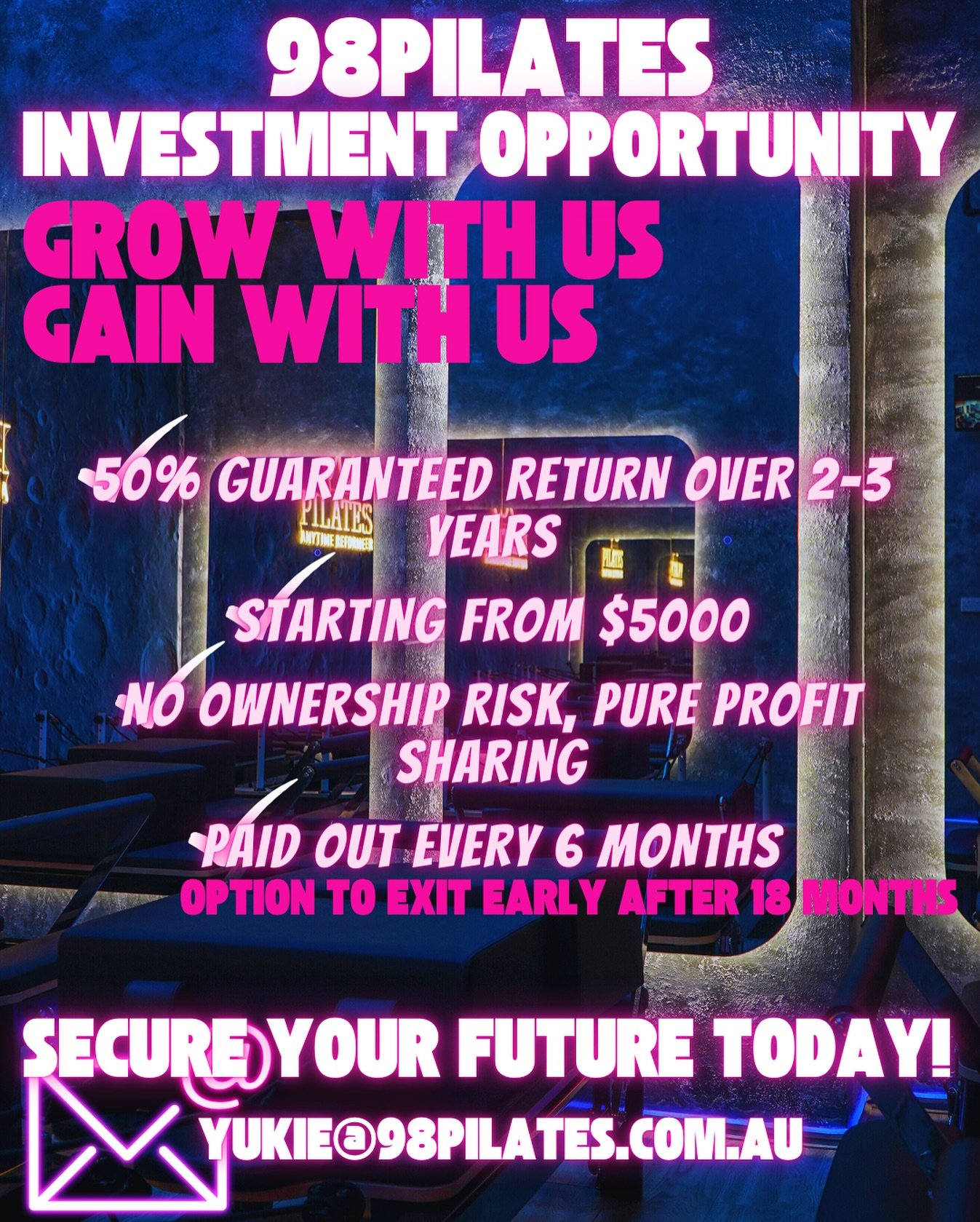 98PILATES INVESTMENT OPPORTUNITY
Looking for a secure and profitable way to grow your savings?
Now&rsquo;s your chance to invest with 98Pilates &mdash; Australia&rsquo;s first 24/7 self-access Reformer Pilates studio, already showing proven performan