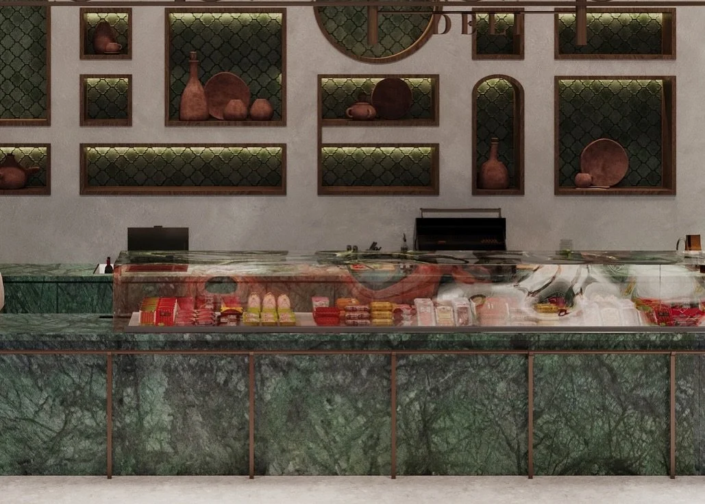 Not your typical deli. Bold, layered, and unapologetically rich. This space is a nod to the Middle Eastern bazaar, reinterpreted through green stone, aged bronze metals and curated form. A fusion of tradition and modernity.

#BodegaDesign #DeliDesign