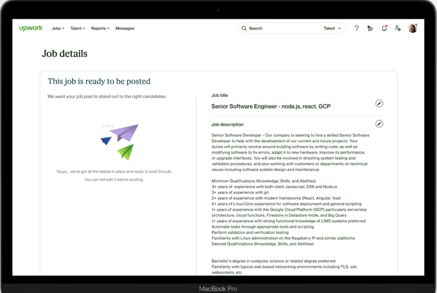 Screenshot of a job posting on Upwork for a Senior Software Engineer position, showing job details, description, and qualifications, with icons for navigation and user profile in the header.