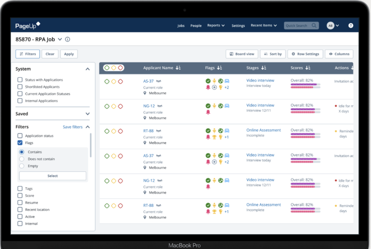 Screenshot of a PageUp recruitment applicant management dashboard with a list of job applicants, their application statuses, flags, stages, scores, and actions, displayed on a MacBook Pro.