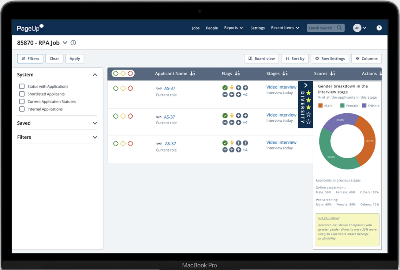 Computer screen showing a recruitment management software with applicant information, gender breakdown pie chart, and sorting options.