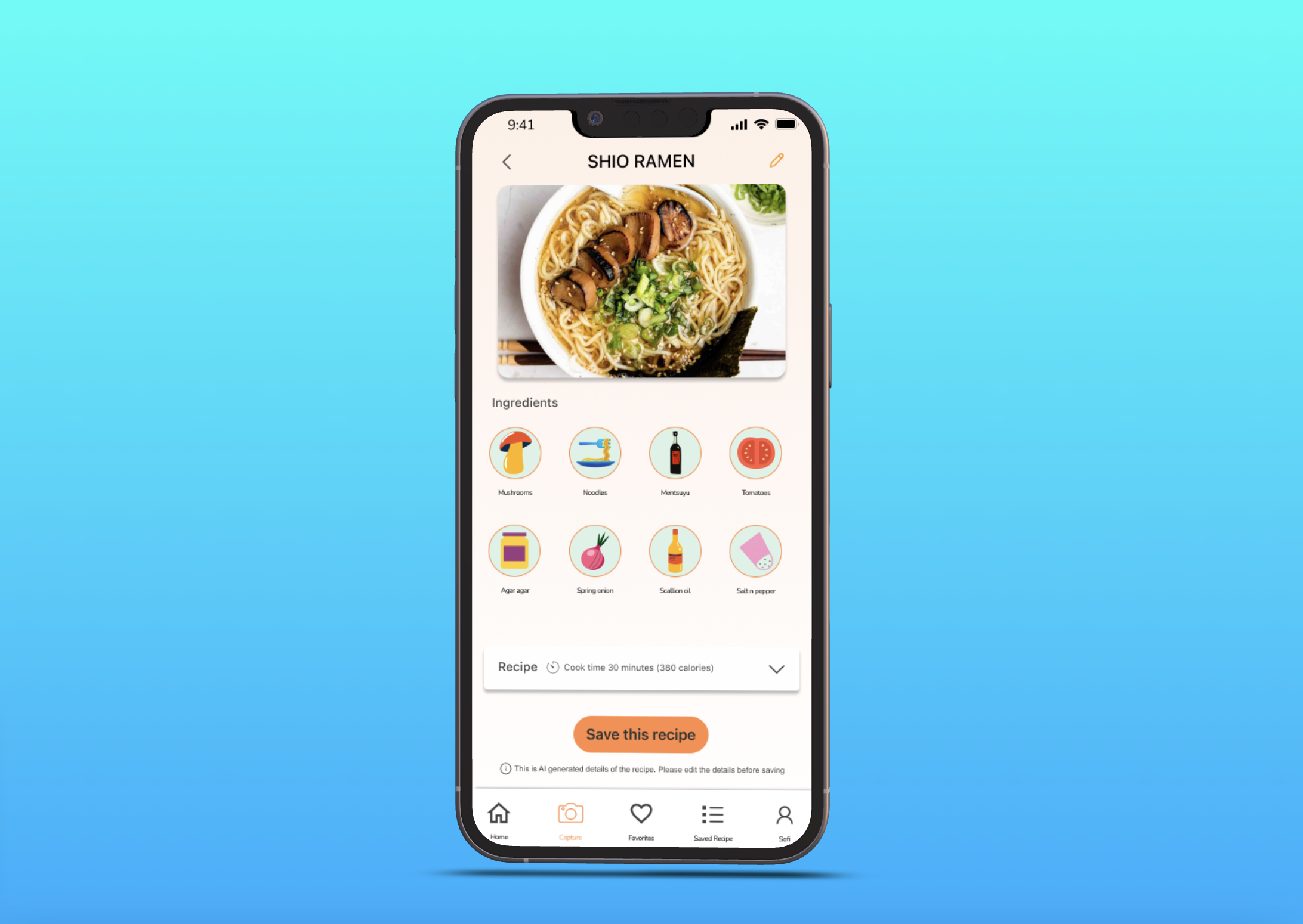 Smartphone screen displaying a ramen recipe app with an image of a bowl of ramen noodles topped with mushrooms, and ingredients icons including mushrooms, noodles, miso, tomatoes, agar agar, spring onion, scallion oil, and salt and pepper.
