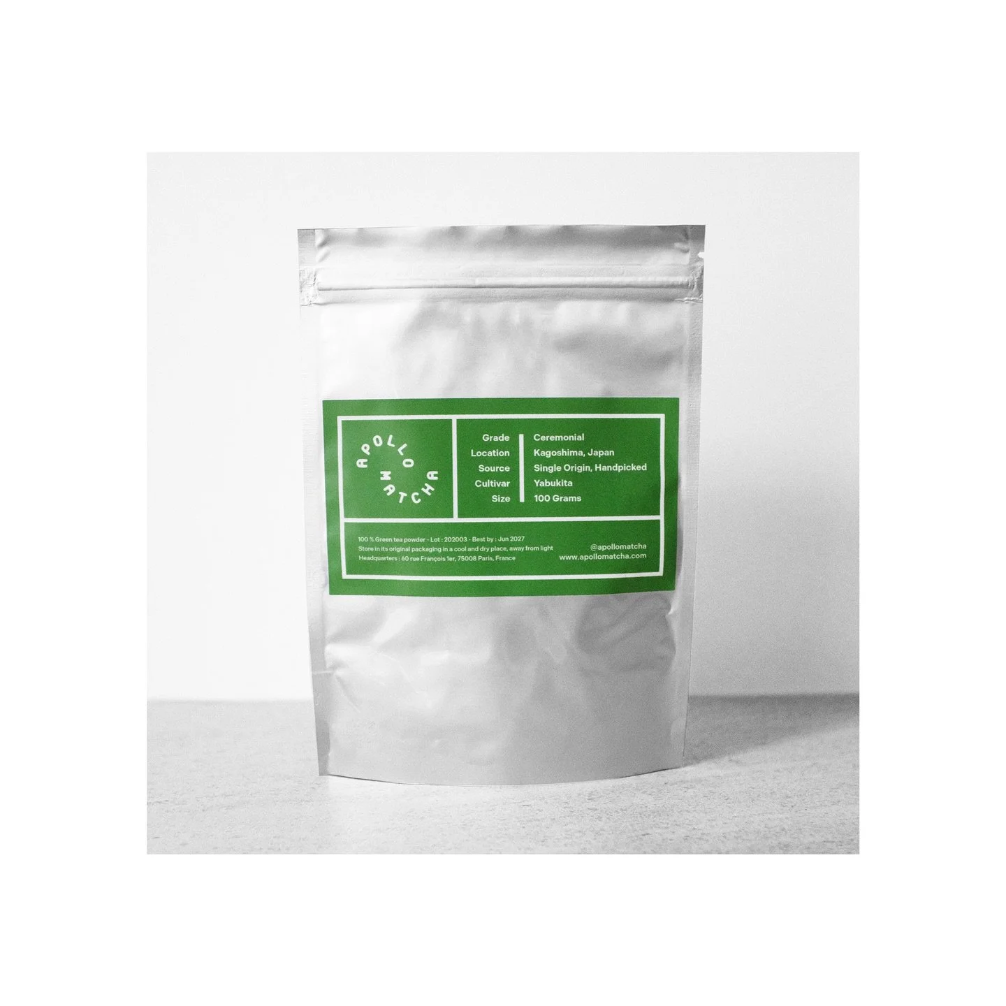 Identit&eacute; visuelle / Apollo Matcha
2025 - Packaging

Apollo Matcha est une marque de th&eacute; matcha c&eacute;r&eacute;monial cultiv&eacute; au Japon et bas&eacute;e &agrave; Paris.

Photo - &copy; Apollo Matcha