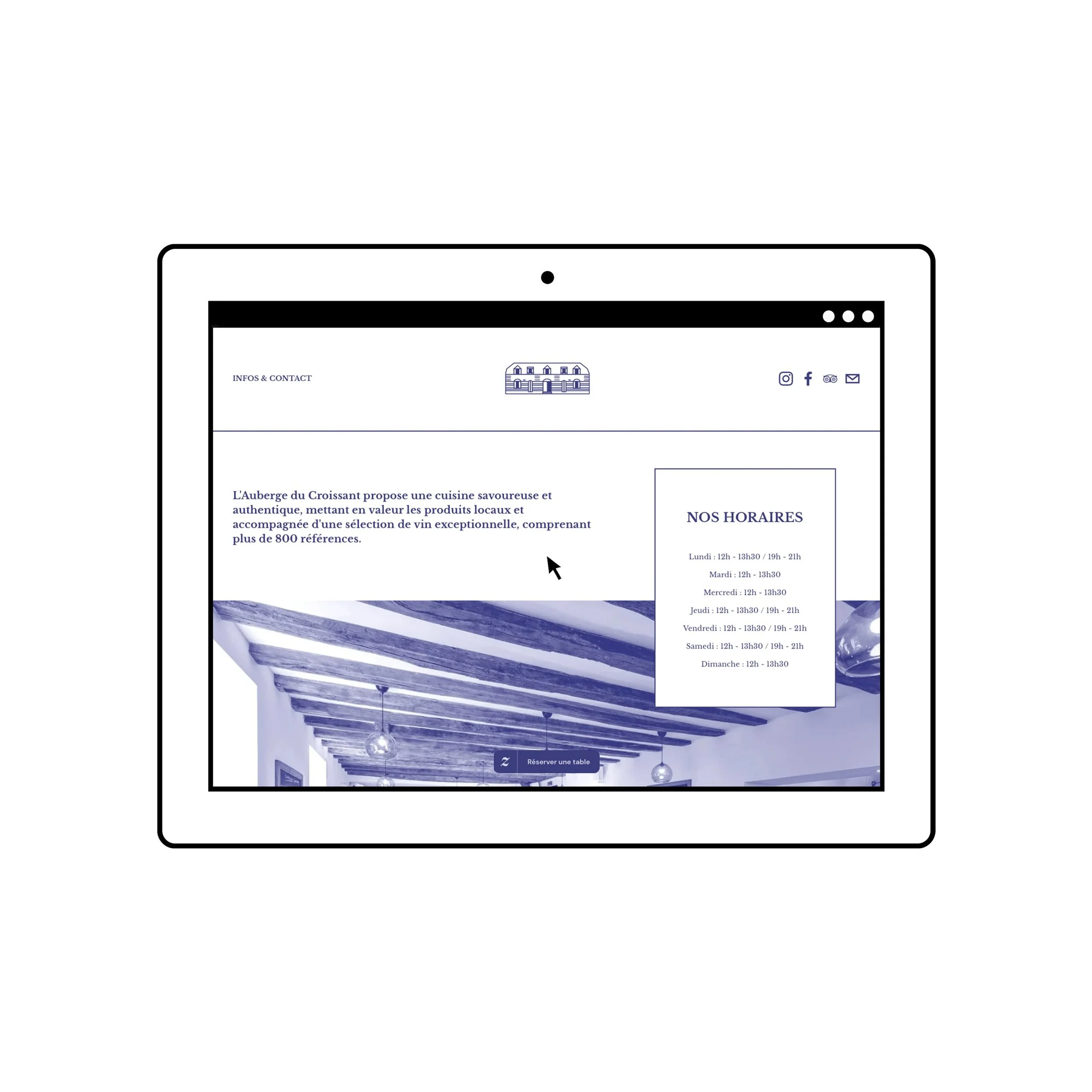 Site internet / L&rsquo;Auberge du Croissant
2026 - laubergeducroissant.com
(Phase 2)

L&rsquo;Auberge du Croissant est un restaurant &agrave; proximit&eacute; de Tours, proposant une cuisine savoureuse et authentique accompagn&eacute;e d&rsquo;une s