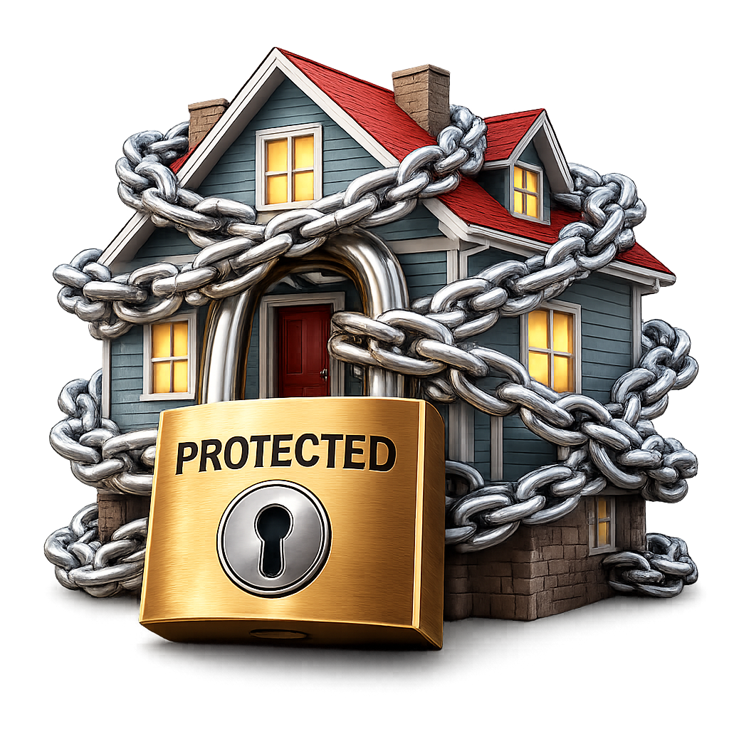A house wrapped in thick silver chains and secured with a large gold padlock labeled "Protected".