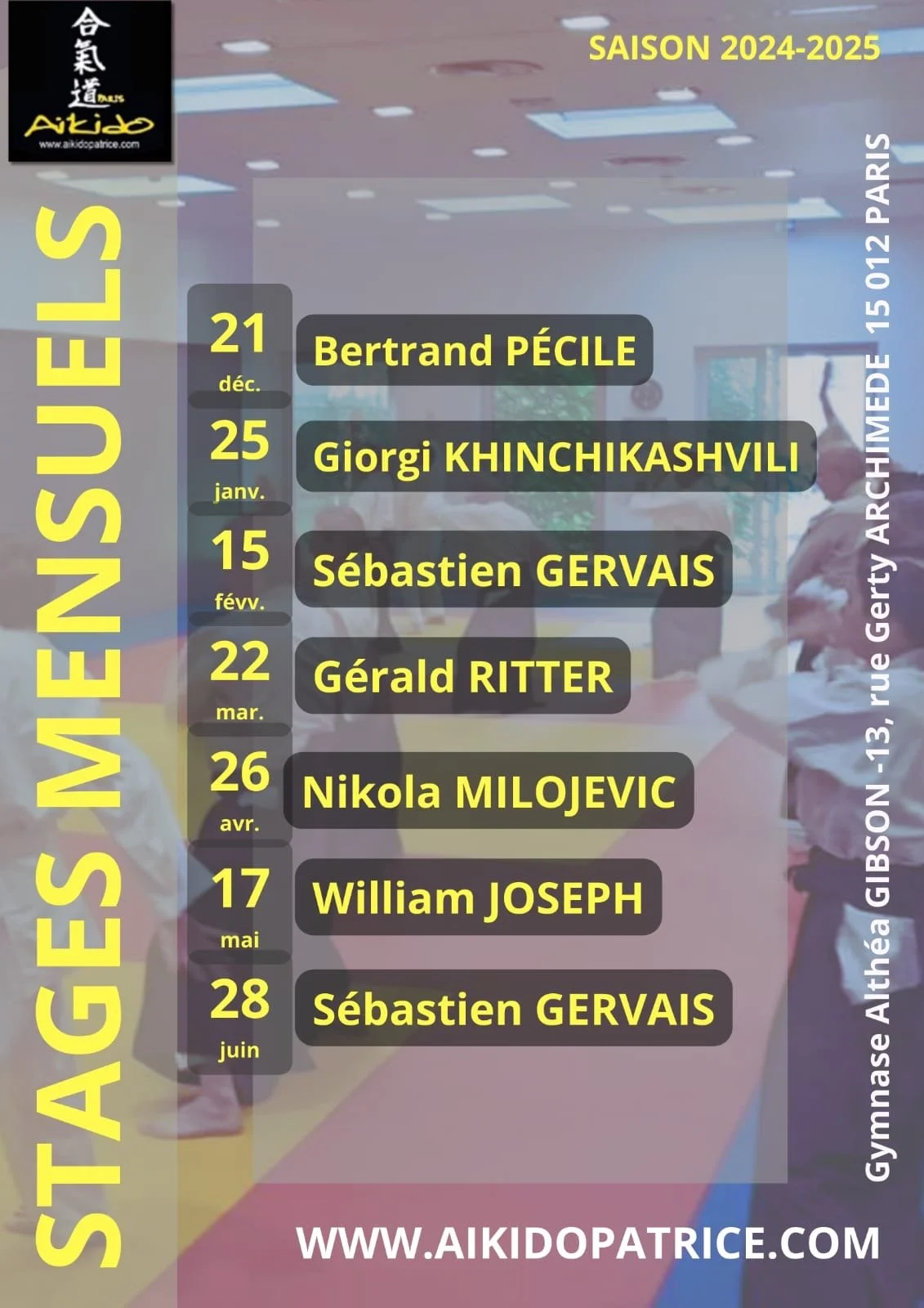 Dates des prochains stages mensuels ouverts à tous, de l'Aïkido Clubs Cheminots, au dojo de Bercy 75012.