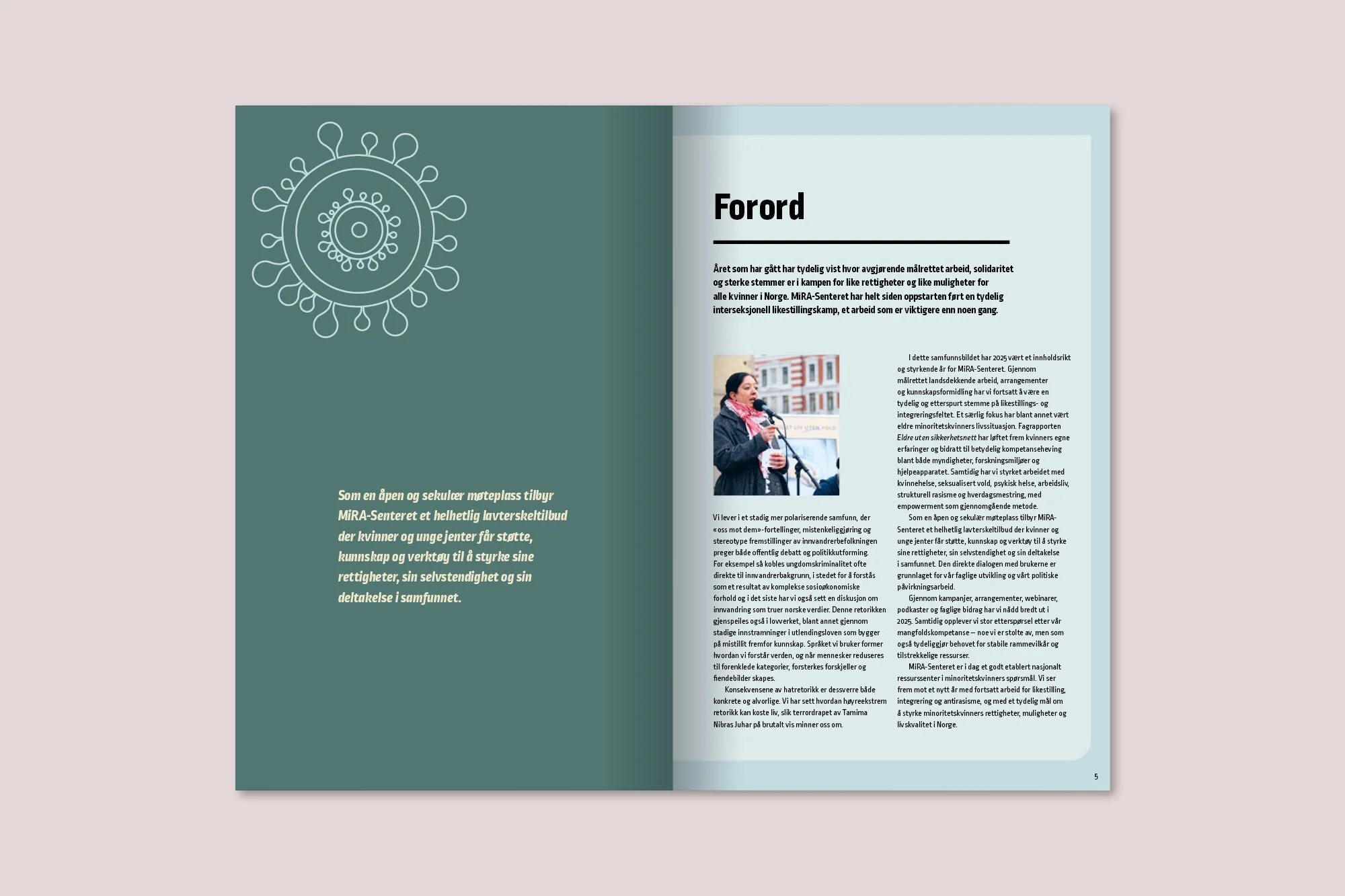 Oppslag fra Mira-Senterets årsrapport 2025, som viser forordet og bildet av senterets leder Khansa Ali.