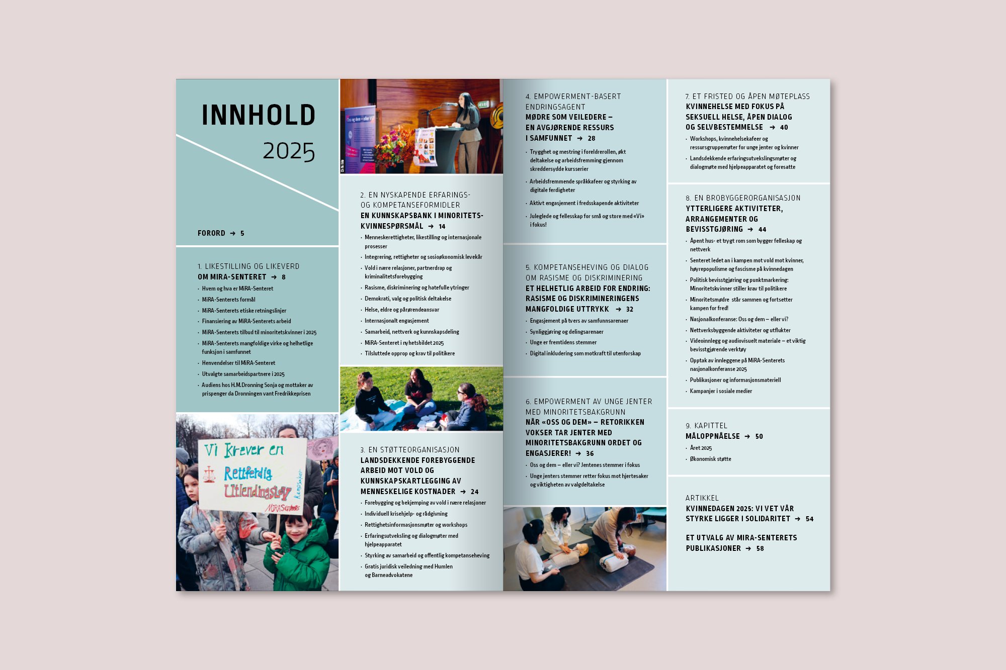 Oppslag fra Mira-Senterets årsrapport 2025 som viser innholdsfortegnelsen. Rapporten er i ulike grønntoner. Foto av demonstrasjoner, aktiviteter, nasjonalkonferansen, førstehjelp m.m.