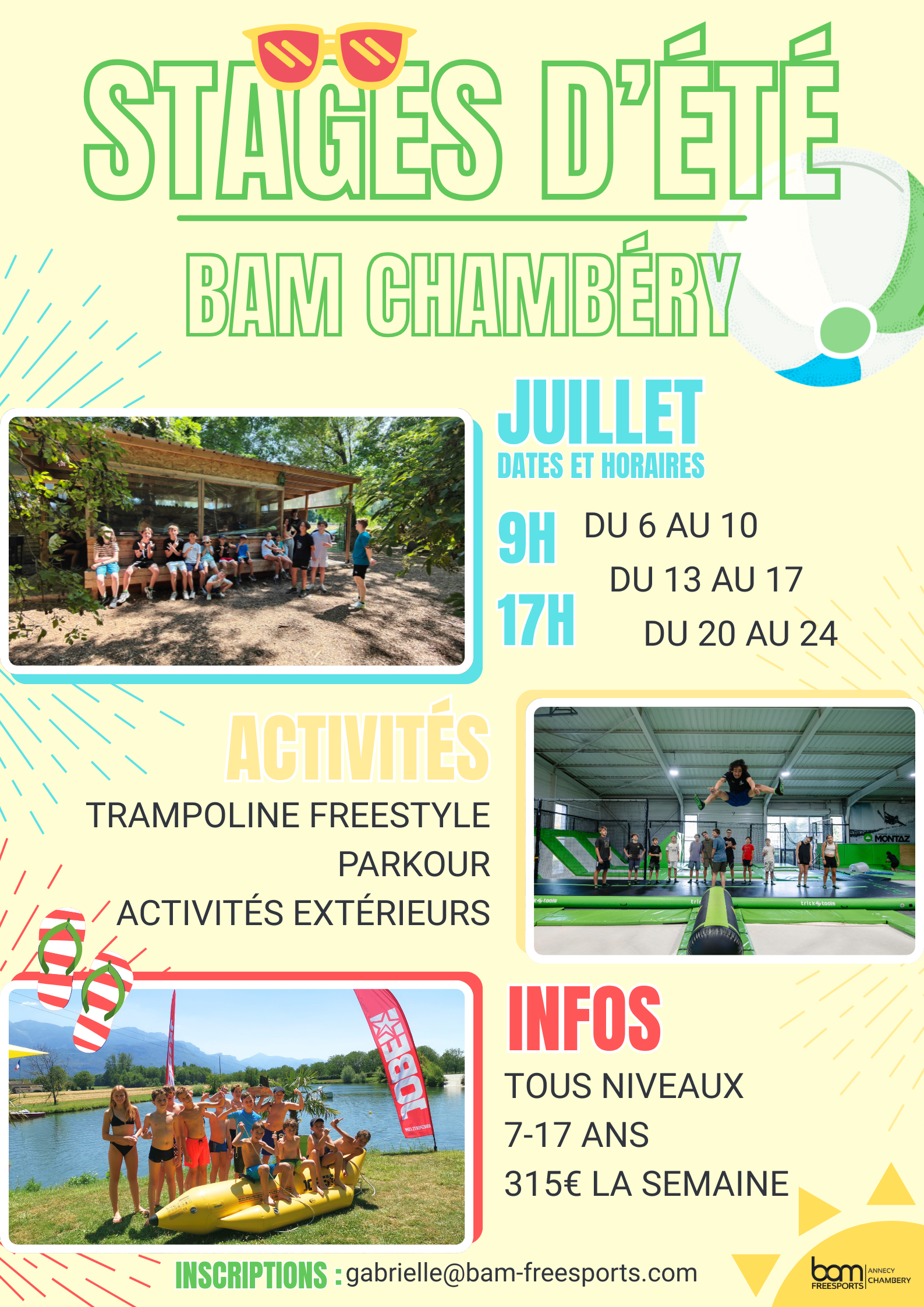 Affiche des stages pour enfants pendant l'été à BAM FREESPORTS