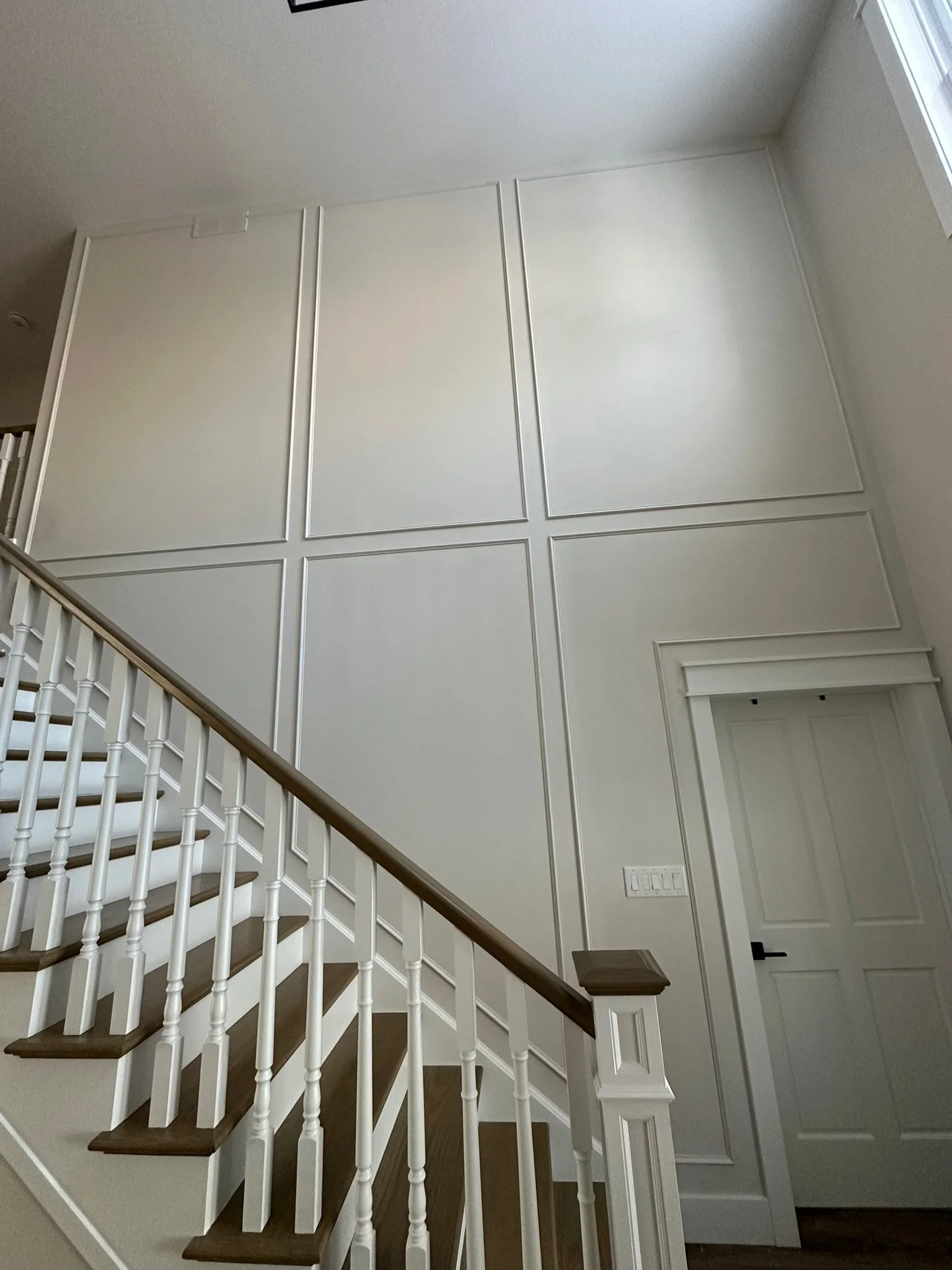 Interior view of a staircase with white railings and dark wooden steps, leading to an upper level, next to a wall with decorative paneling and a closed door.